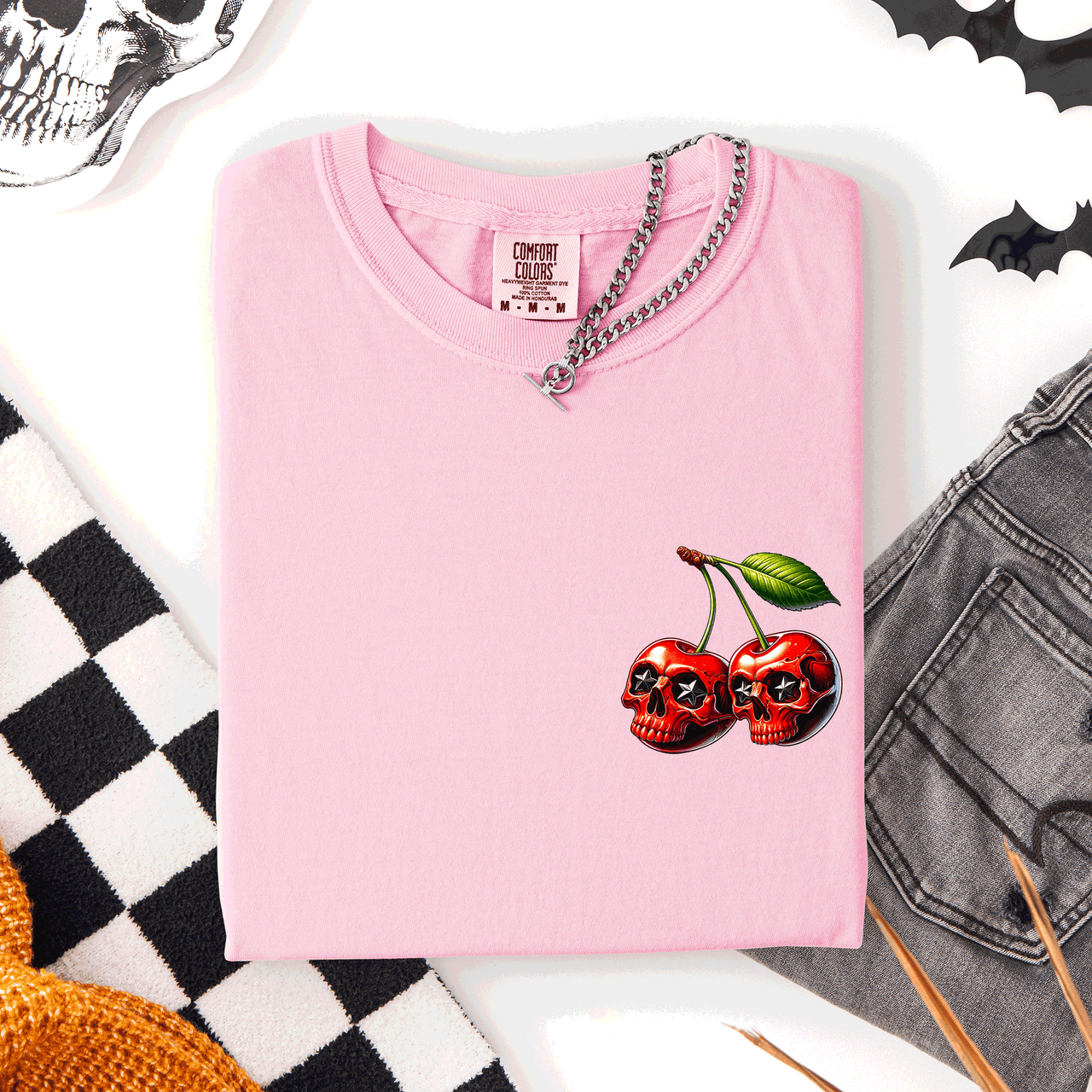 Spooky Skull Cherries Halloween Skeleton Stars Whimsical Night Sky Comfort Colors Tee