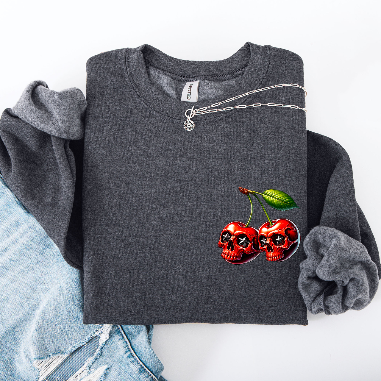 Spooky Skull Cherries Halloween Skeleton Stars Night Sky Ghosts Haunted Festival Scene Sweatshirt