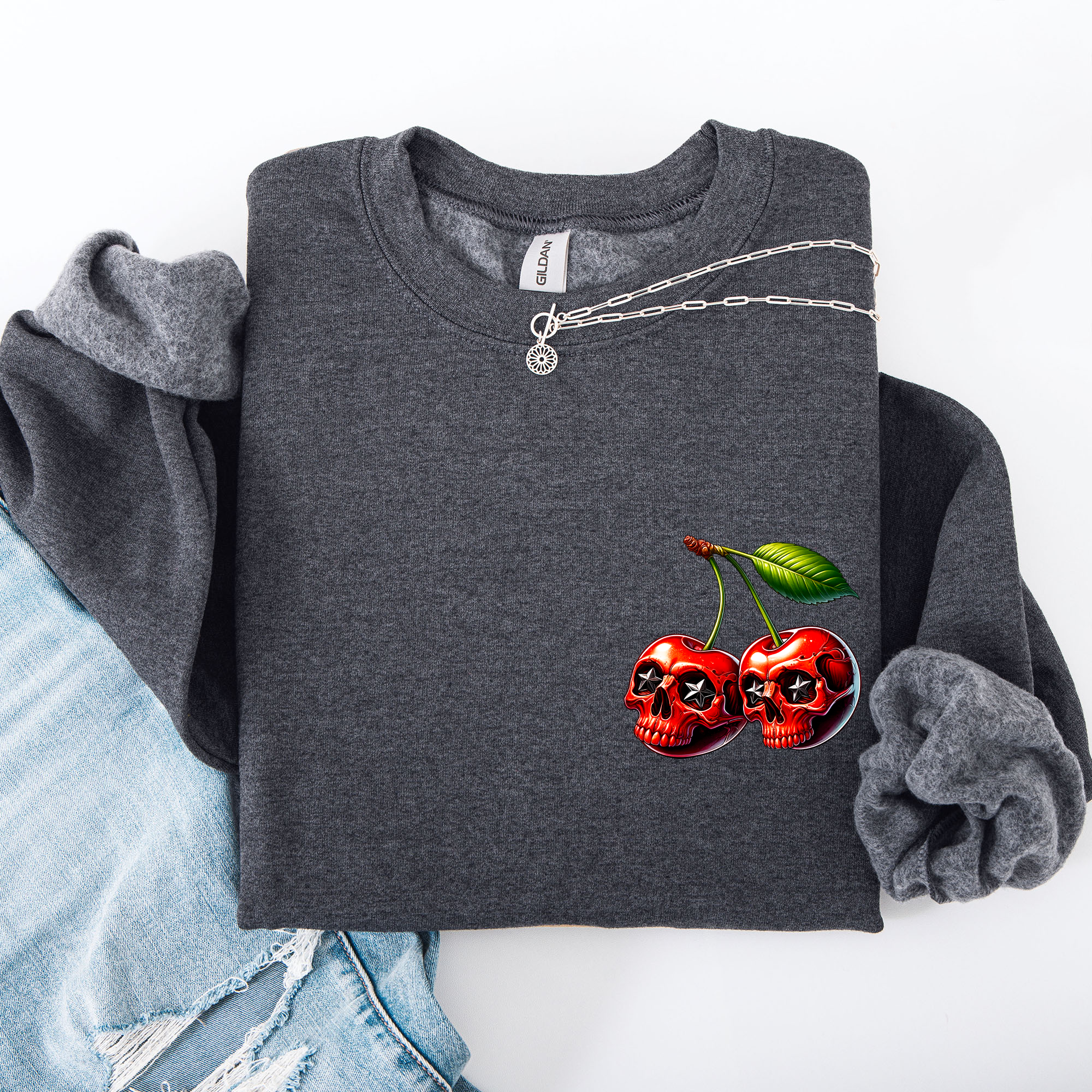 Spooky Skull Cherries Halloween Skeleton Stars Night Sky Ghosts Haunted Festival Scene Sweatshirt