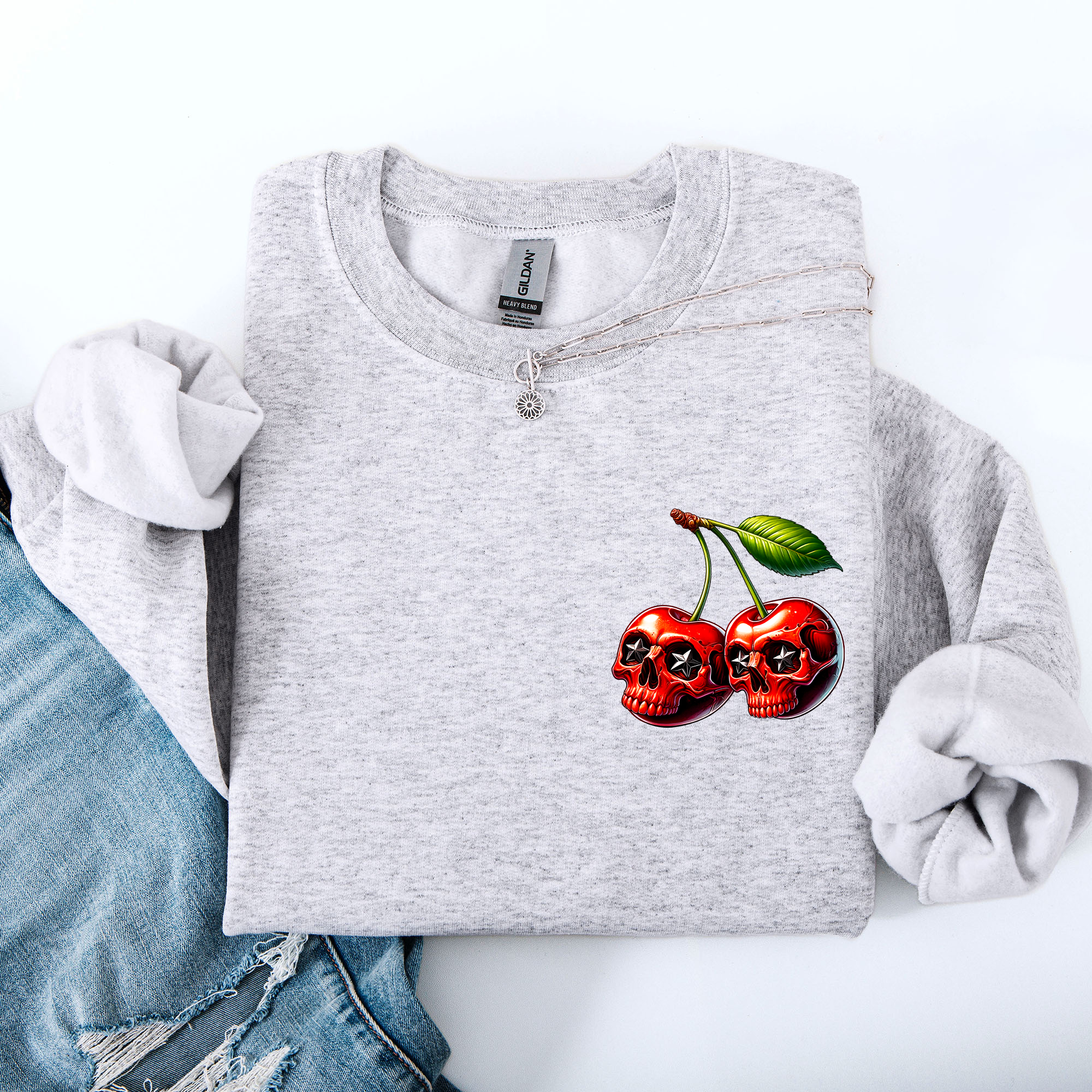 Spooky Skull Cherries Halloween Skeleton Stars Night Sky Ghosts Haunted Festival Scene Sweatshirt