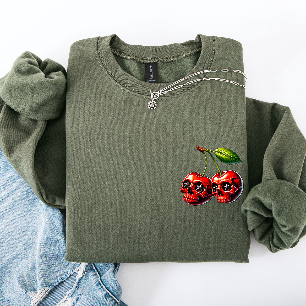 Spooky Skull Cherries Halloween Skeleton Stars Night Sky Ghosts Haunted Festival Scene Sweatshirt