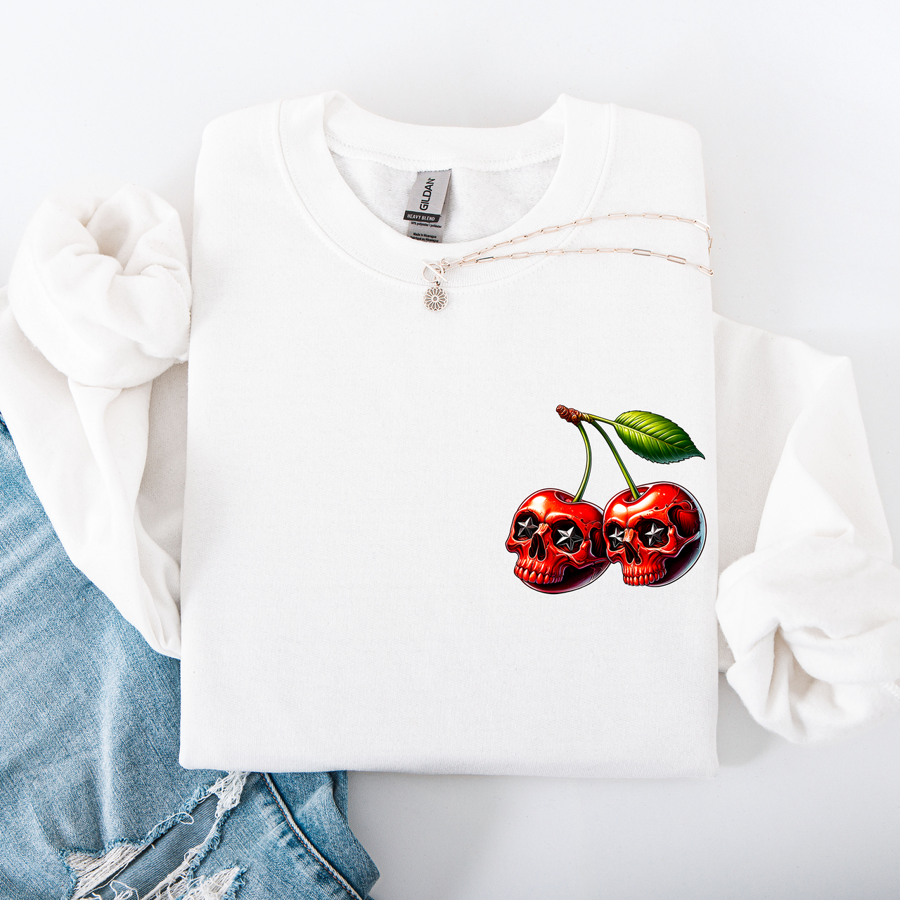 Spooky Skull Cherries Halloween Skeleton Stars Night Sky Ghosts Haunted Festival Scene Sweatshirt