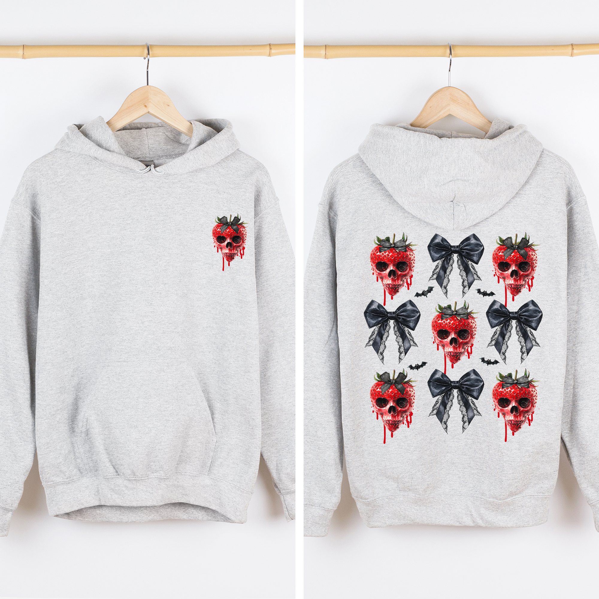 Spooky Strawberry Skeleton Halloween Creepy Front And Back Design Graphic Hoodie