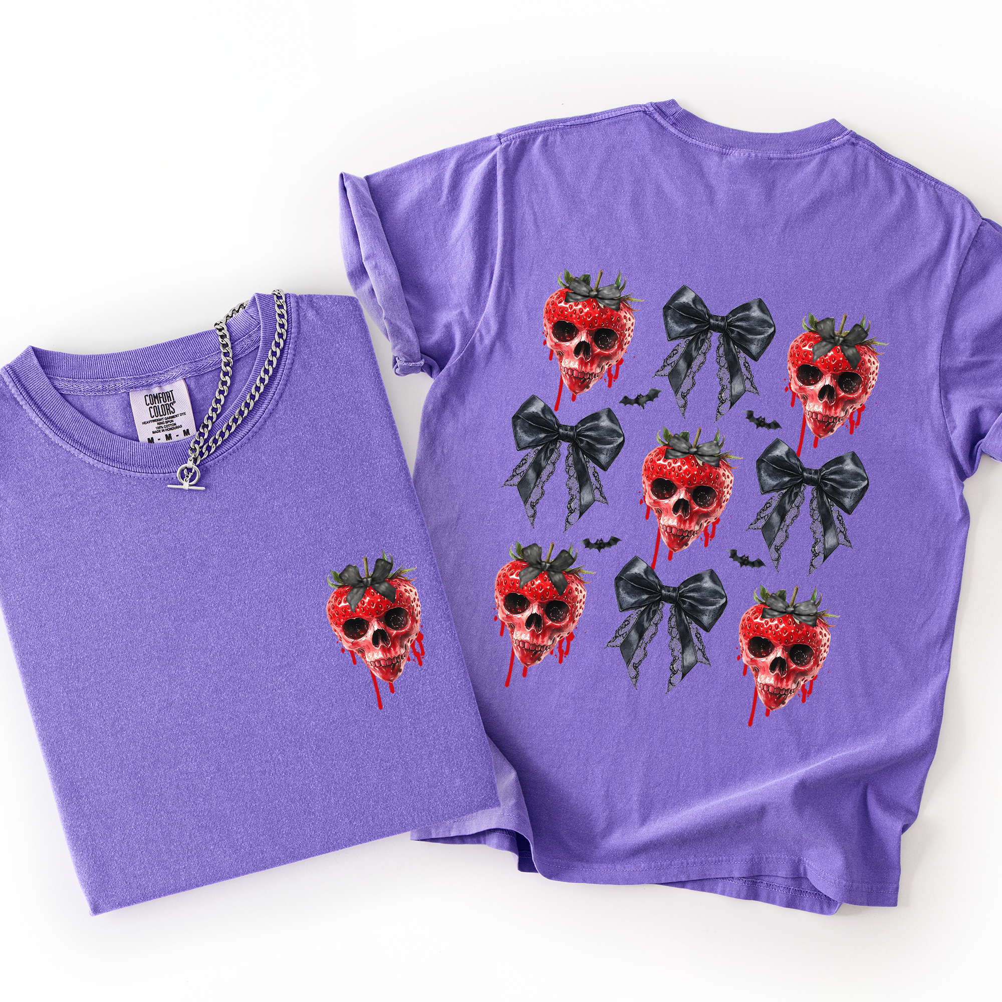 Spooky Strawberry Skeleton Halloween Creepy Front And Back Print Comfort Colors Tee