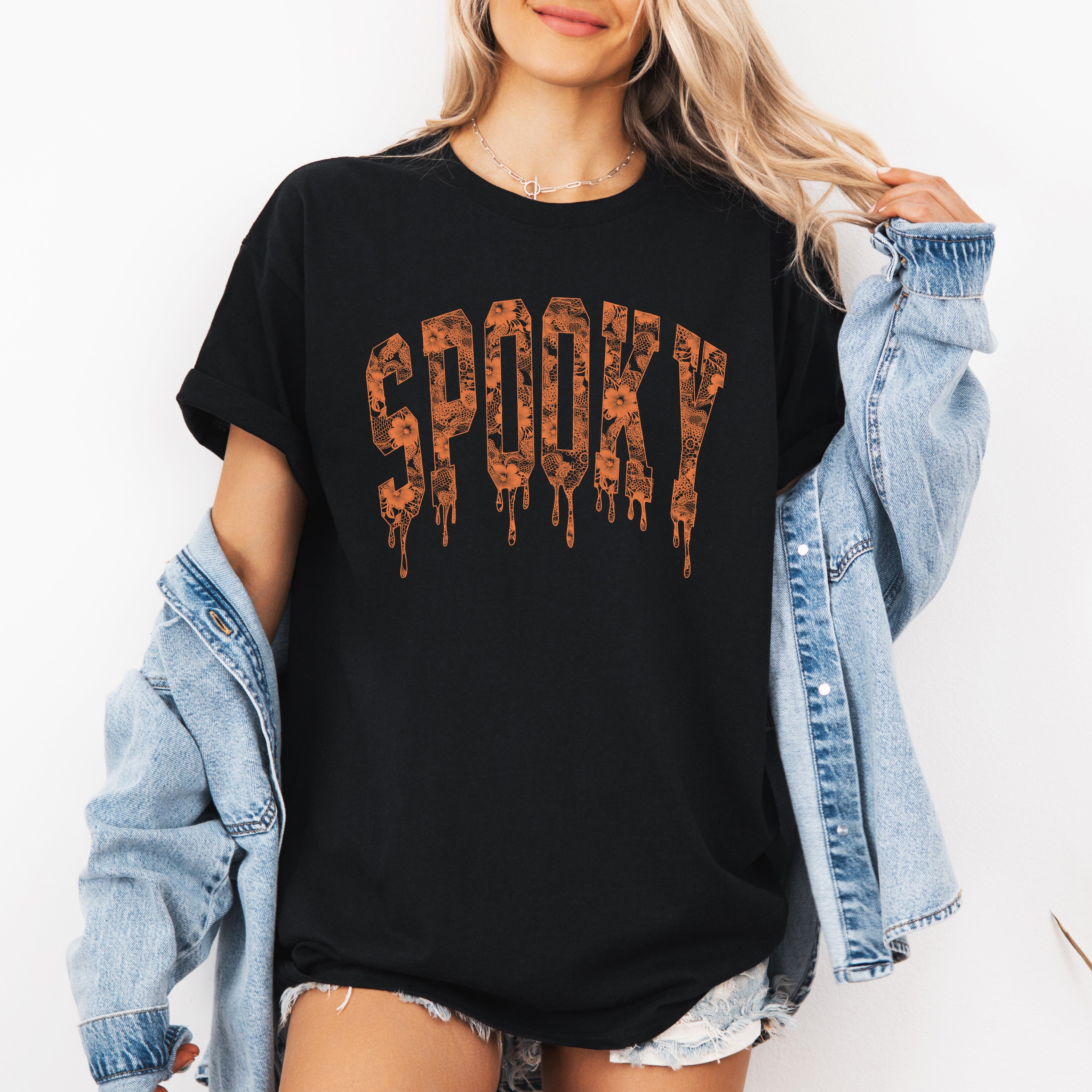Spooky Faux Lace Halloween Coquette Cats Crescent Moon And Bat Motif Graphic Tee