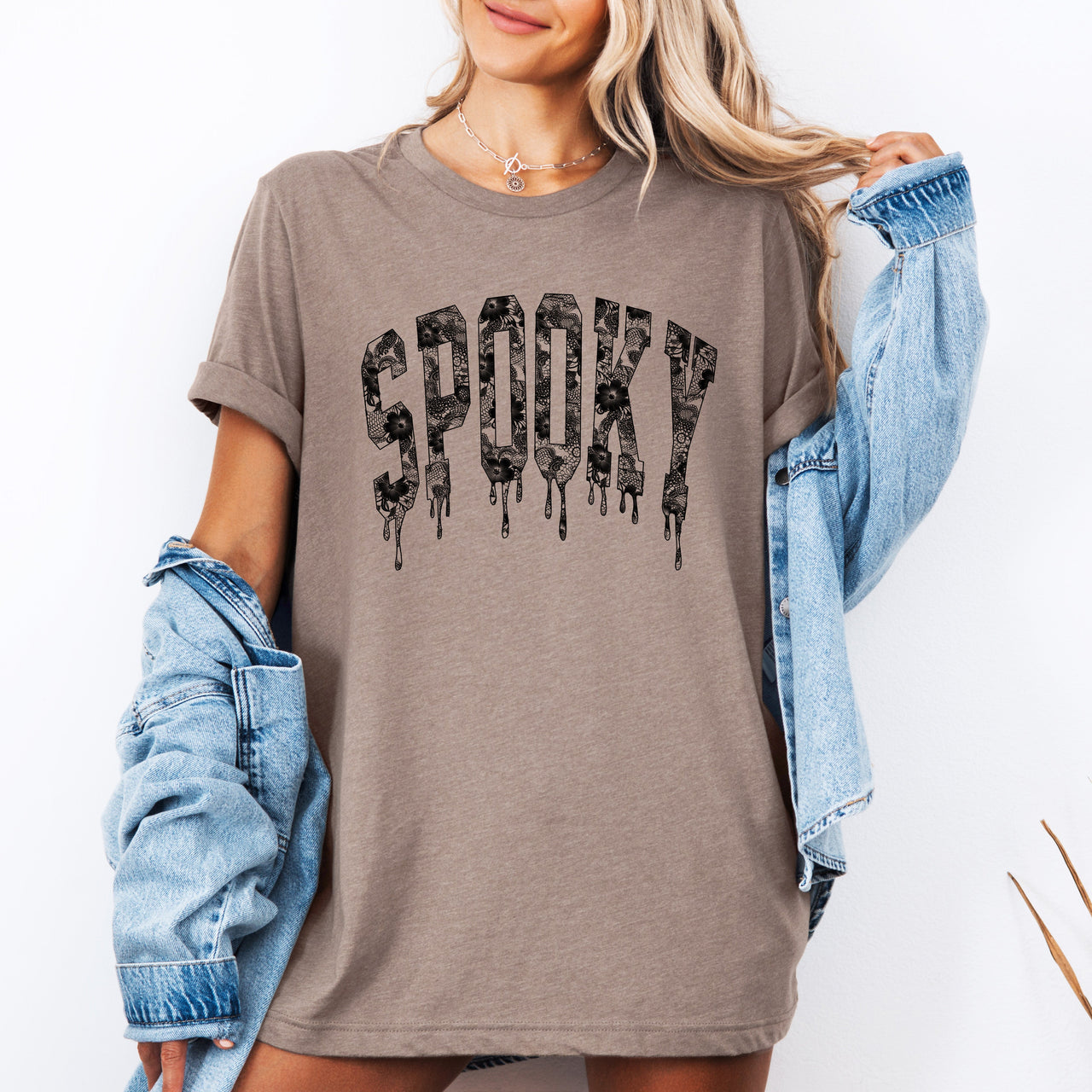 Spooky Faux Lace Halloween Coquette Cats Crescent Moon And Bat Motif Graphic Tee