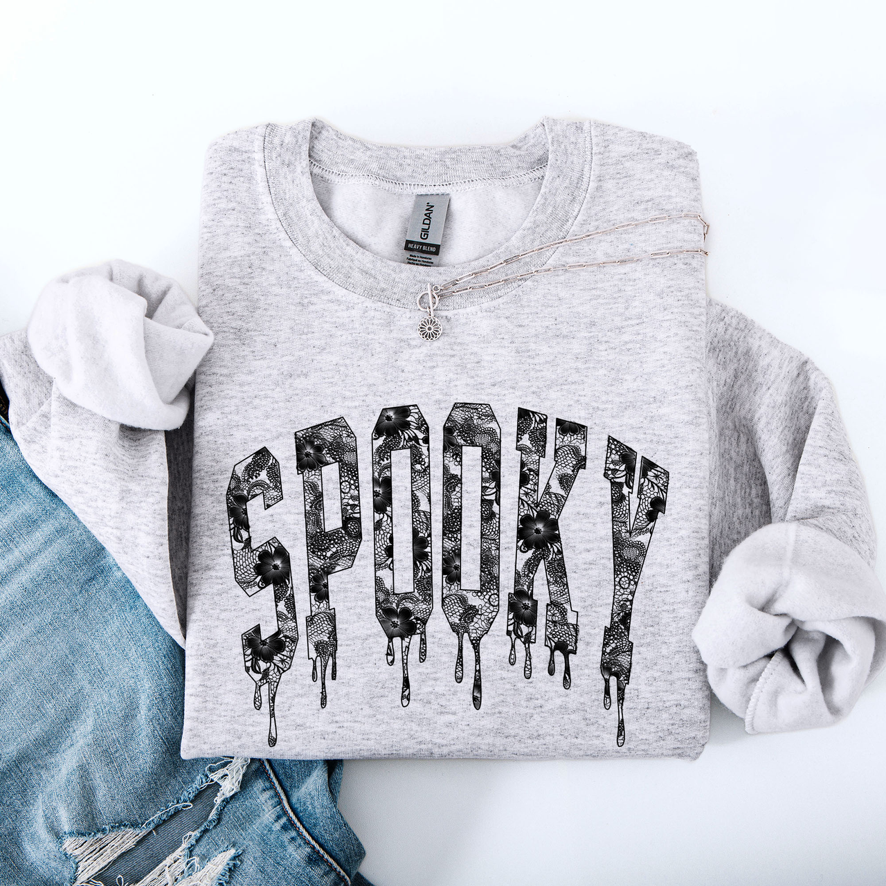 Spooky Faux Lace Halloween Coquette Embellished Vintage Gothic Ornament Sweatshirt