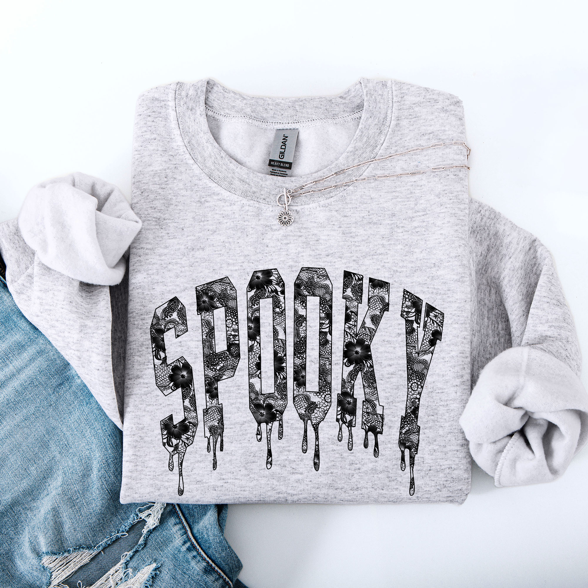 Spooky Faux Lace Halloween Coquette Embellished Vintage Gothic Ornament Sweatshirt