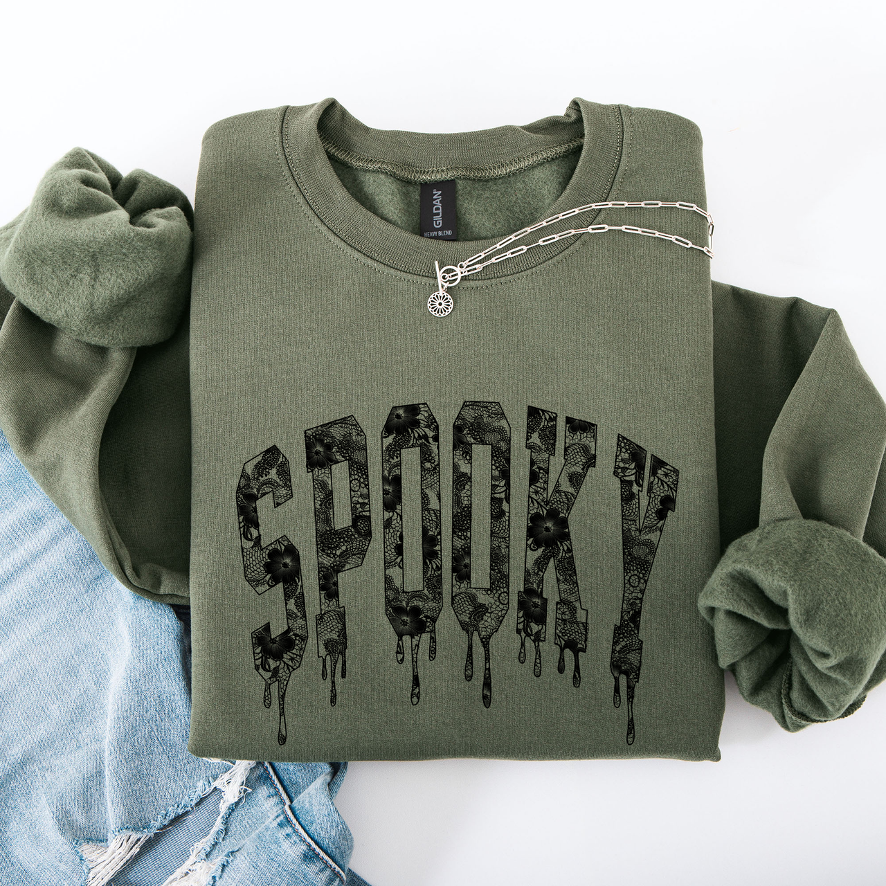 Spooky Faux Lace Halloween Coquette Embellished Vintage Gothic Ornament Sweatshirt
