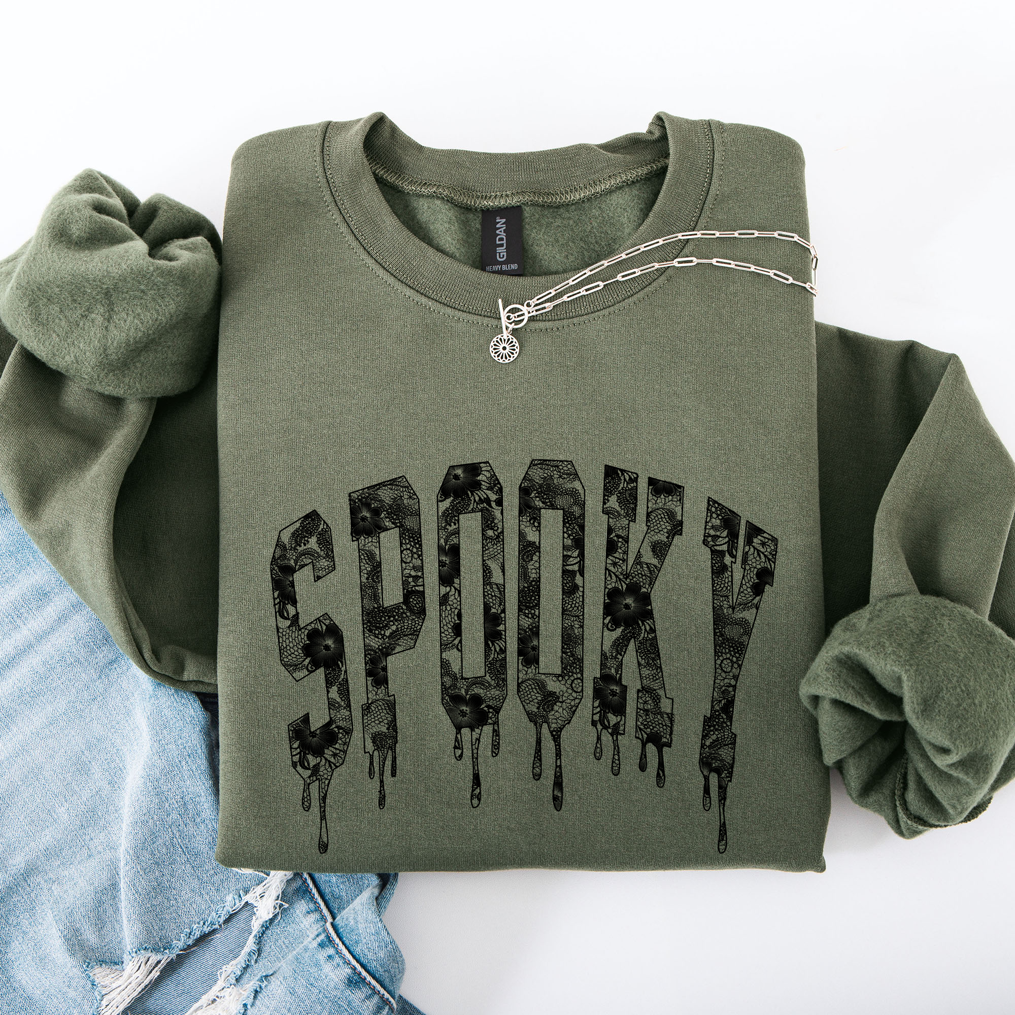 Spooky Faux Lace Halloween Coquette Embellished Vintage Gothic Ornament Sweatshirt