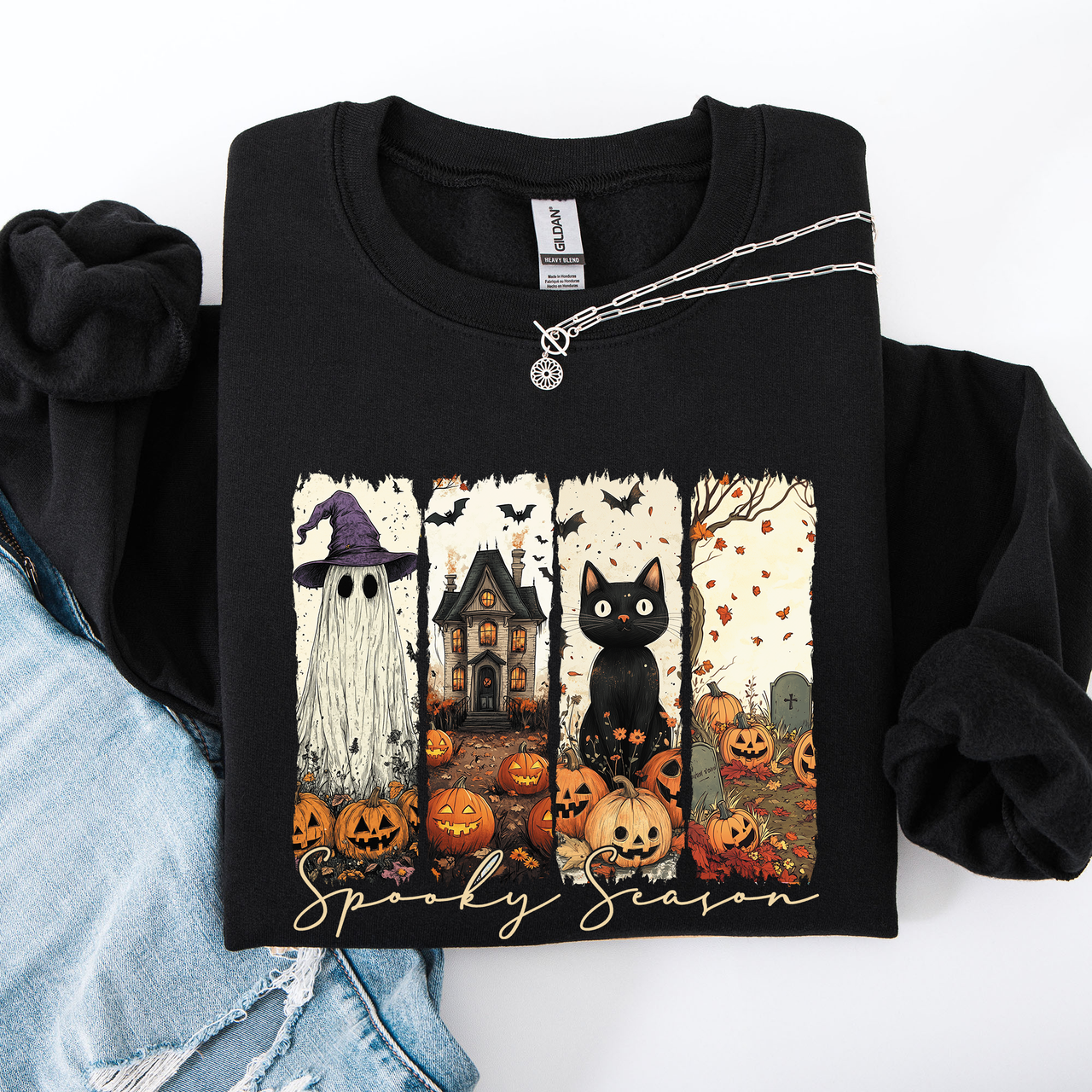 Spooky Season Striped Halloween Cat Ghost Pumpkins Autumn Cozy Classic Sweatshirt