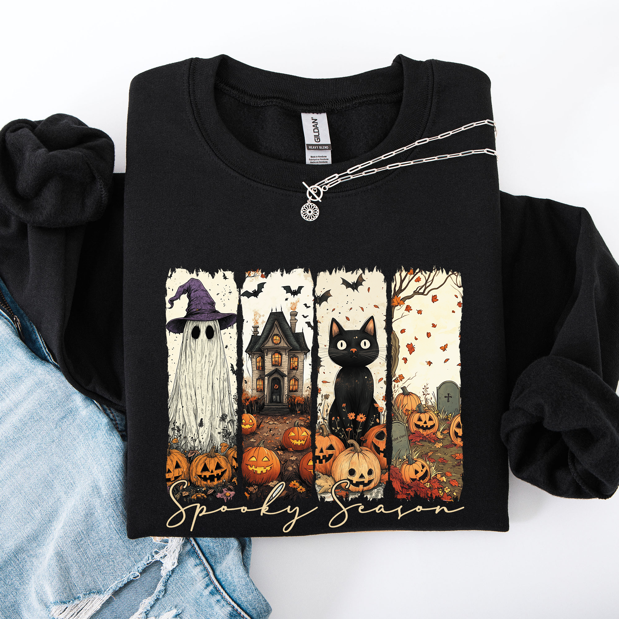 Spooky Season Striped Halloween Cat Ghost Pumpkins Autumn Cozy Classic Sweatshirt