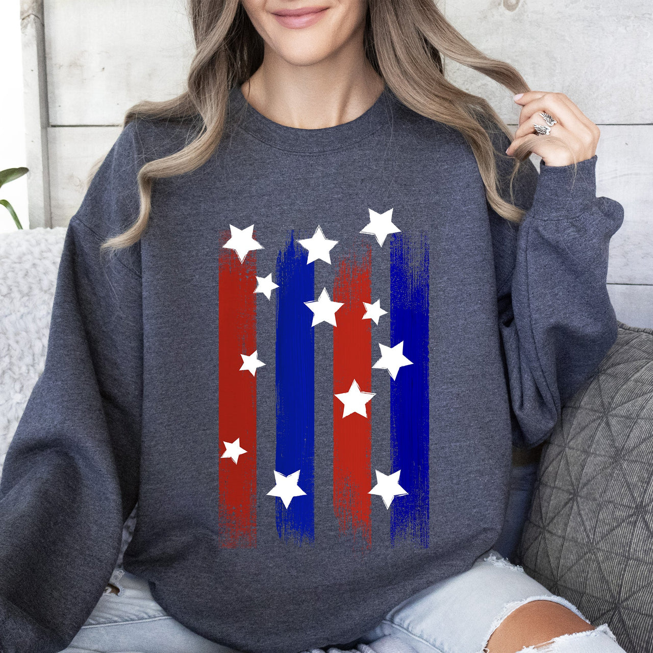 Stars Stripes Red White Blue Patriotic American Flag Theme Emblem Premium Cotton Blend Sweatshirt