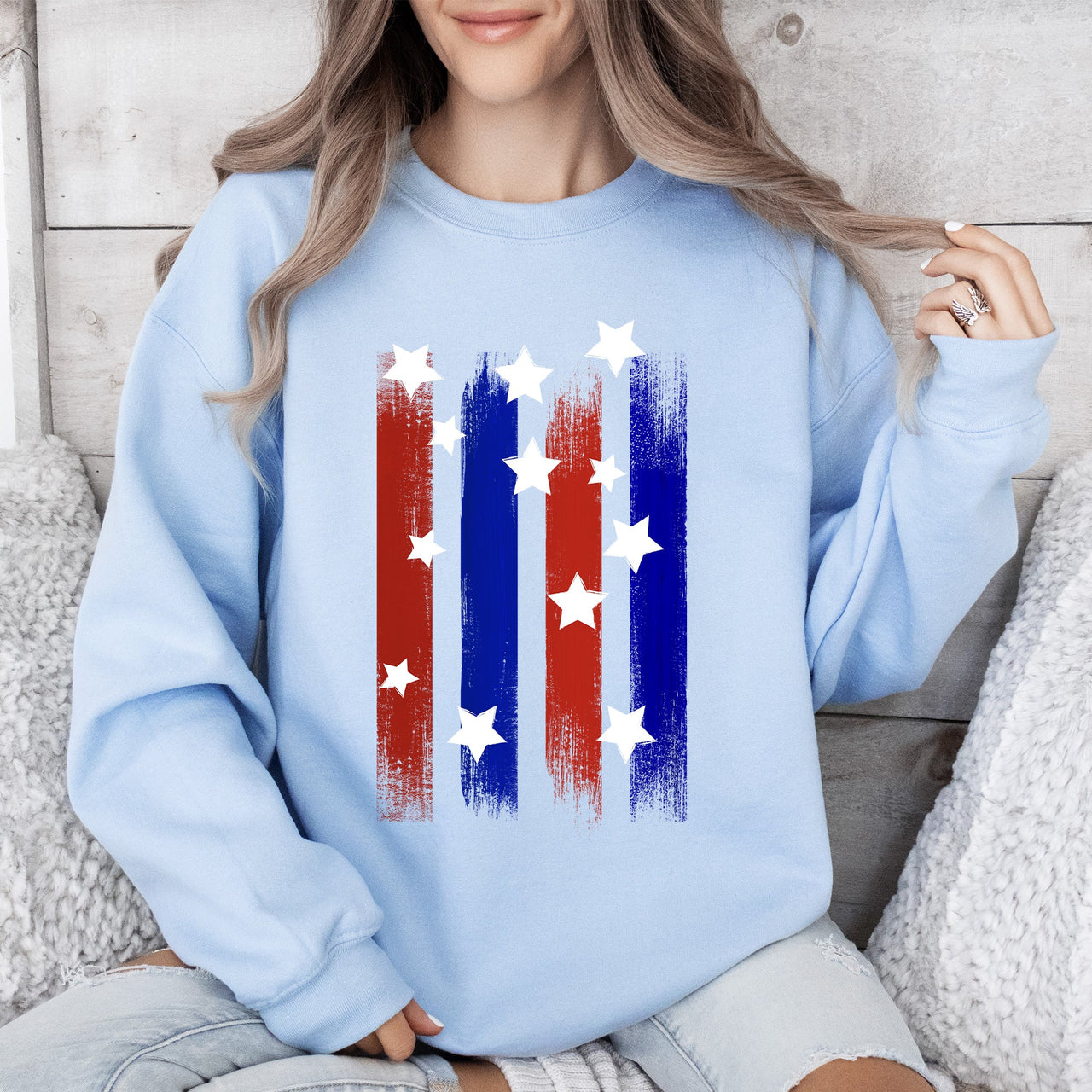 Stars Stripes Red White Blue Patriotic American Flag Theme Emblem Premium Cotton Blend Sweatshirt