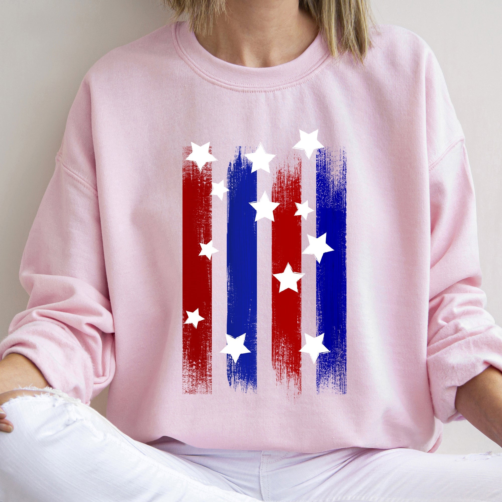 Stars Stripes Red White Blue Patriotic American Flag Theme Emblem Premium Cotton Blend Sweatshirt