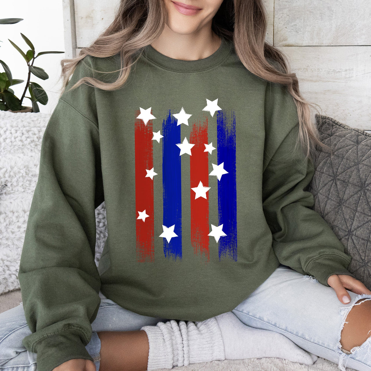 Stars Stripes Red White Blue Patriotic American Flag Theme Emblem Premium Cotton Blend Sweatshirt