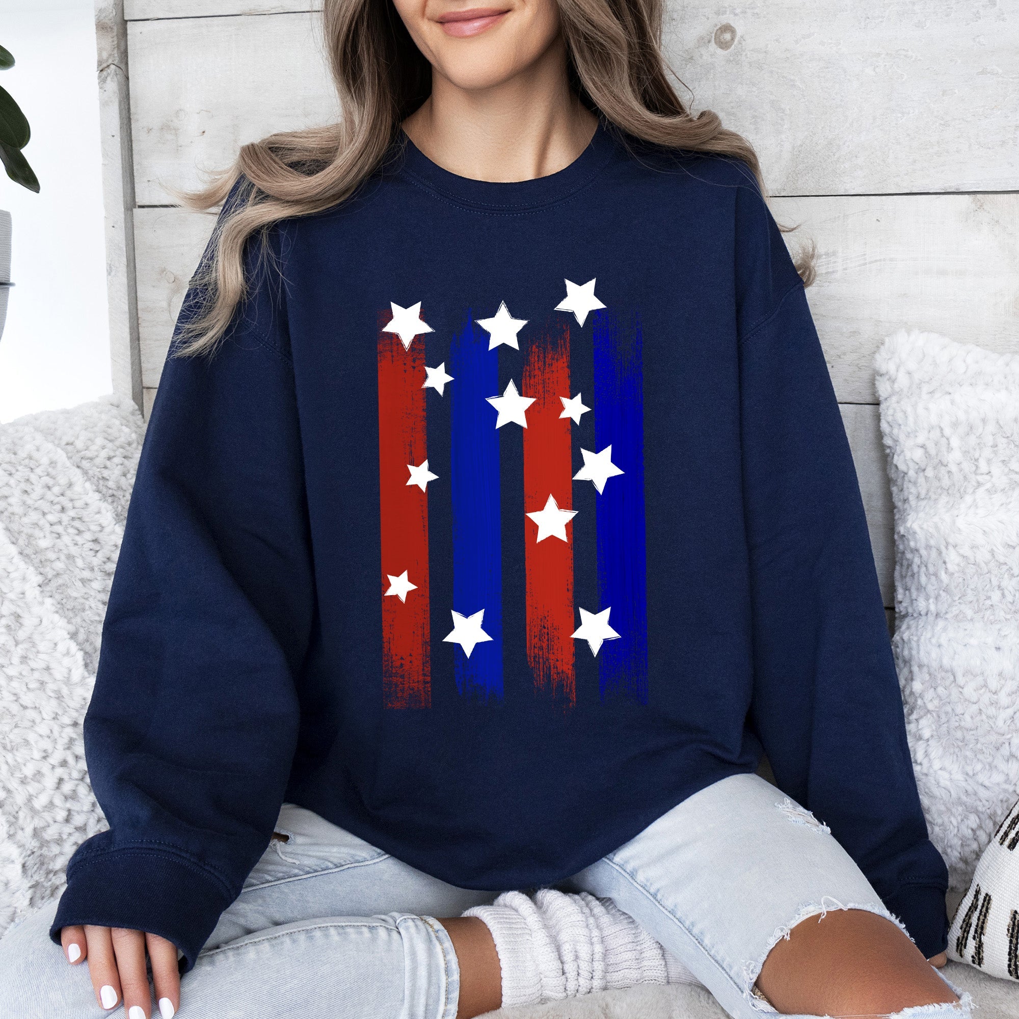 Stars Stripes Red White Blue Patriotic American Flag Theme Emblem Premium Cotton Blend Sweatshirt