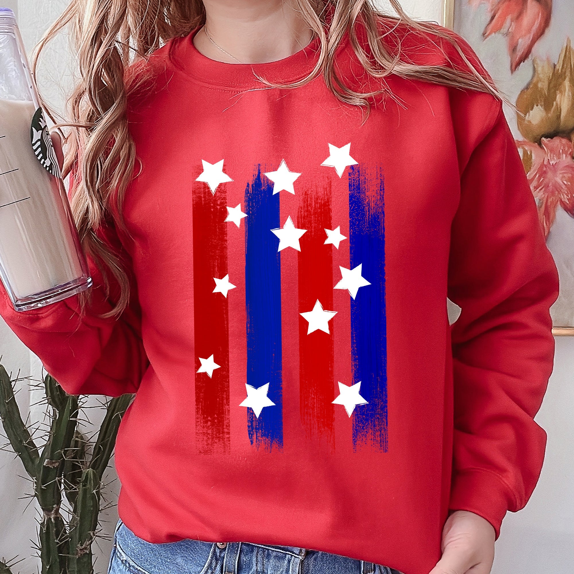 Stars Stripes Red White Blue Patriotic American Flag Theme Emblem Premium Cotton Blend Sweatshirt