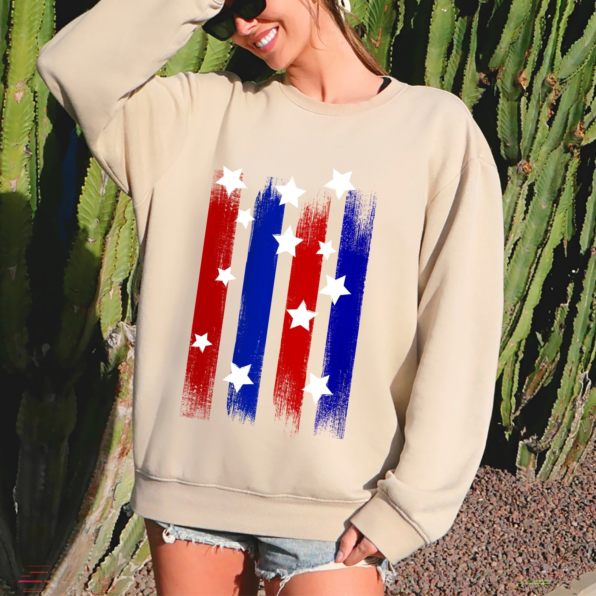 Stars Stripes Red White Blue Patriotic American Flag Theme Emblem Premium Cotton Blend Sweatshirt