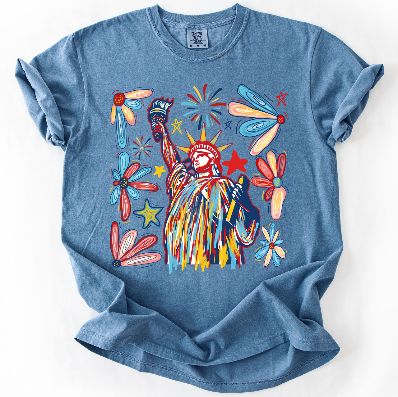 Statue Of Liberty Fourth Of July Patriotic USA Colorful Flag Art Comfort Colors Tee