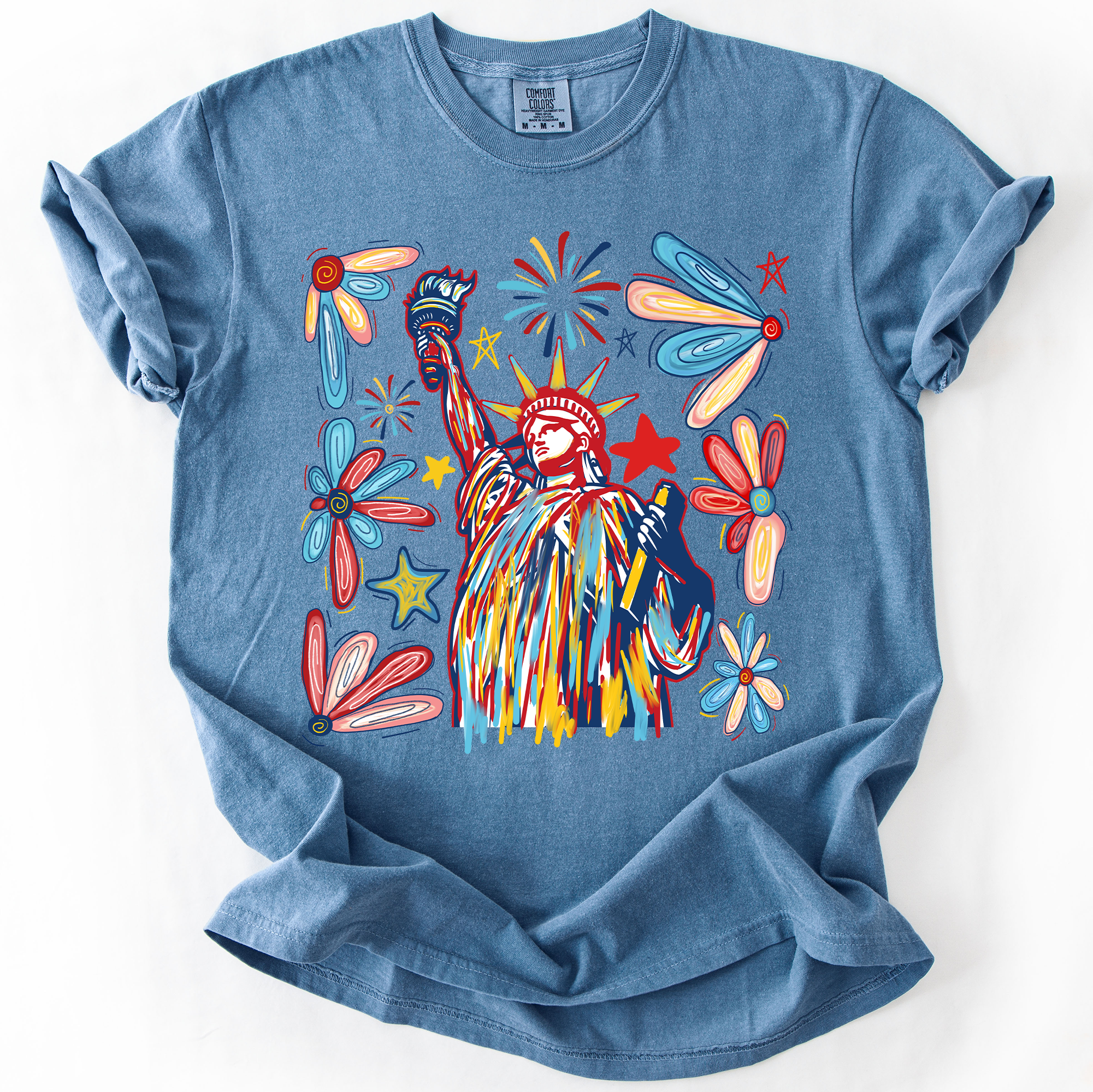 Statue Of Liberty Fourth Of July Patriotic USA Colorful Flag Art Comfort Colors Tee