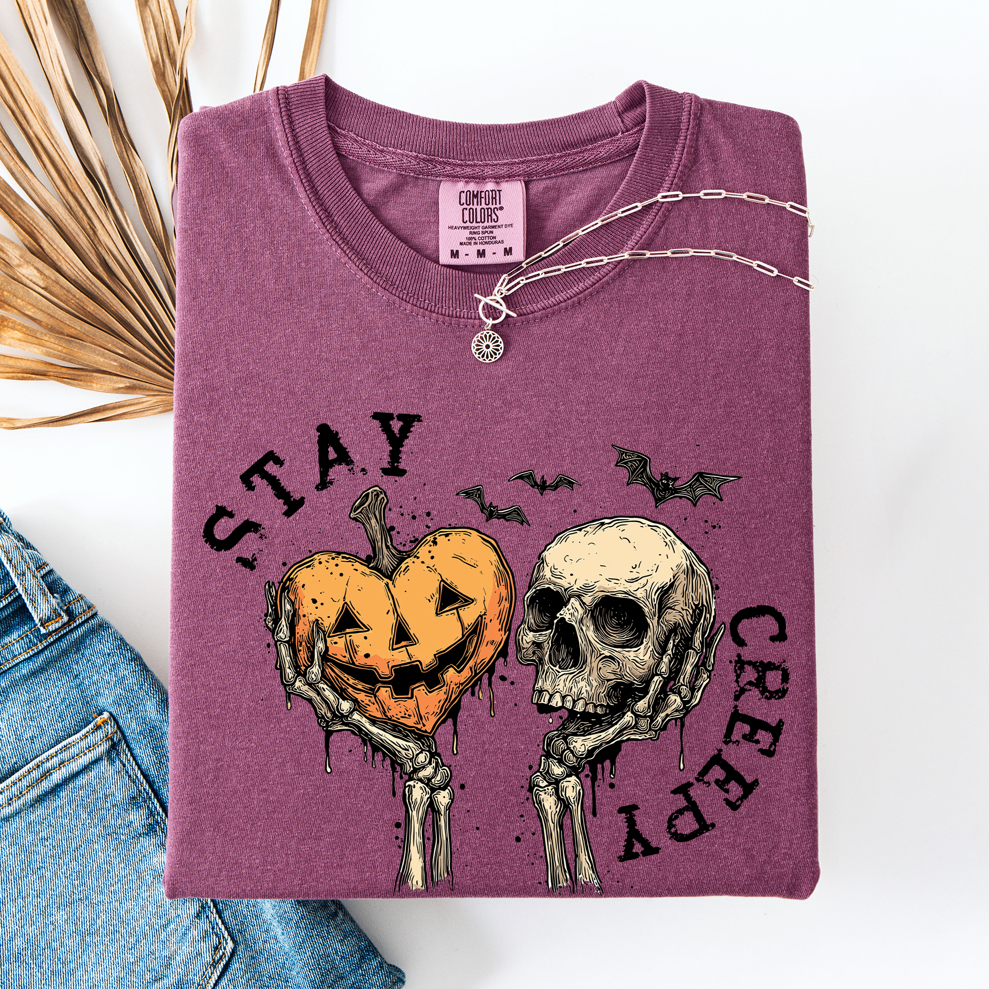 Stay Creepy Halloween Pumpkin Heart Skeleton Bats Leopard Print Checkered Comfort Colors Tee