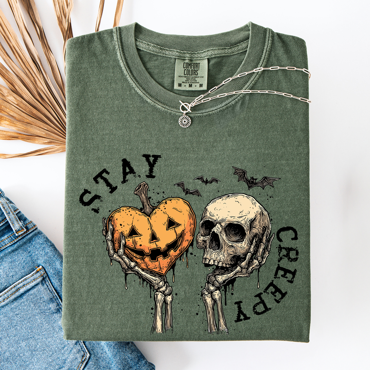 Stay Creepy Halloween Pumpkin Heart Skeleton Bats Leopard Print Checkered Comfort Colors Tee