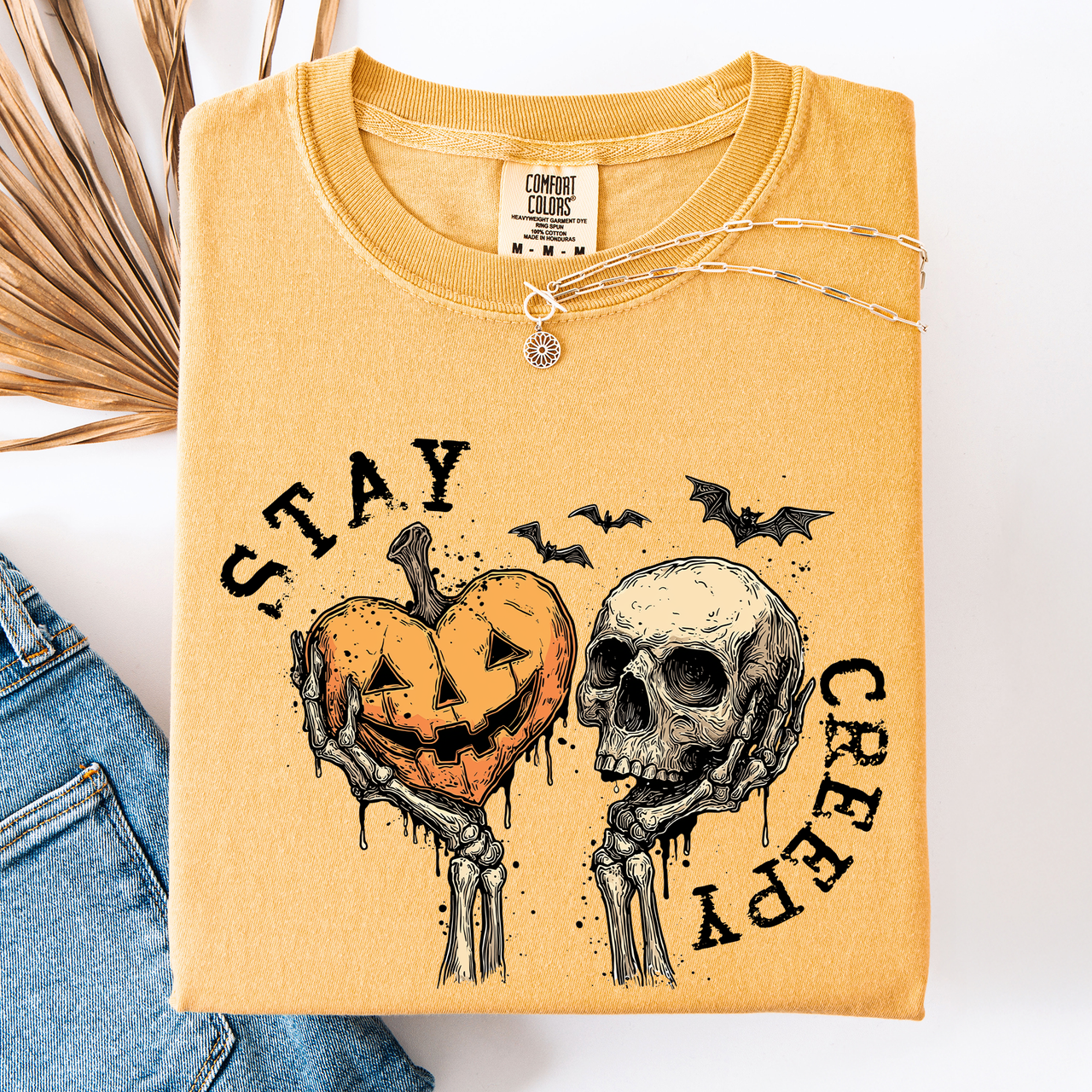 Stay Creepy Halloween Pumpkin Heart Skeleton Bats Leopard Print Checkered Comfort Colors Tee