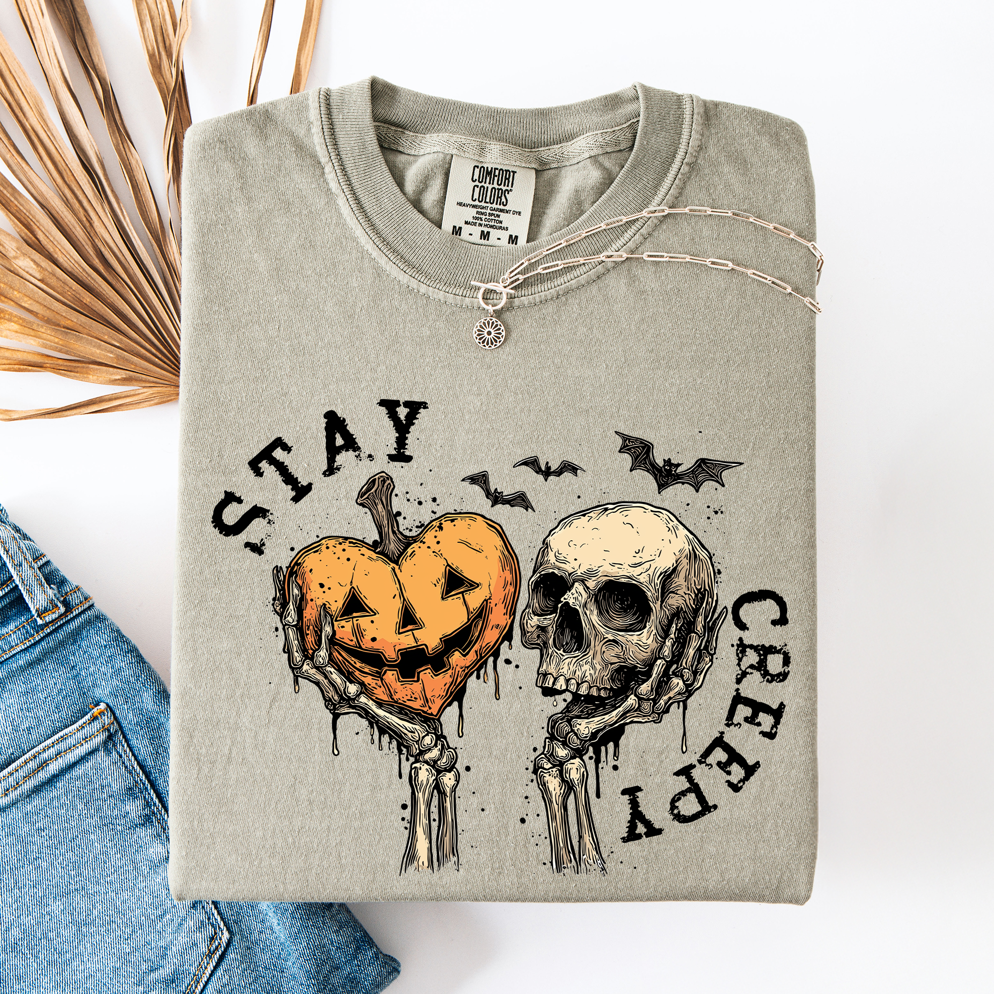 Stay Creepy Halloween Pumpkin Heart Skeleton Bats Leopard Print Checkered Comfort Colors Tee