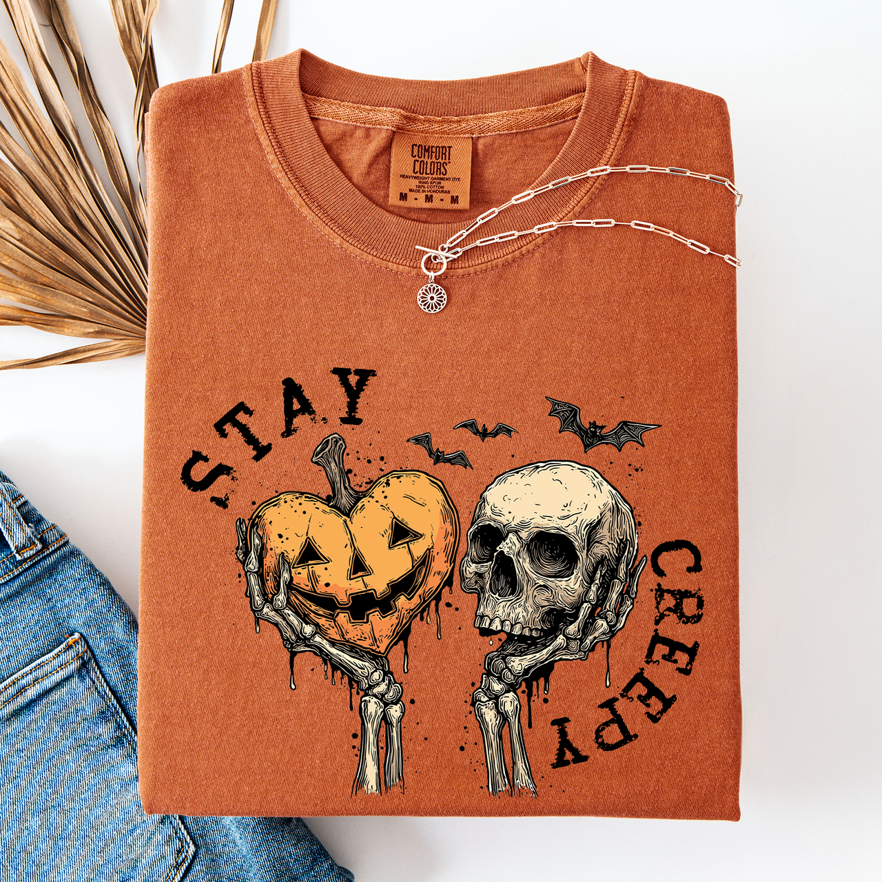 Stay Creepy Halloween Pumpkin Heart Skeleton Bats Leopard Print Checkered Comfort Colors Tee