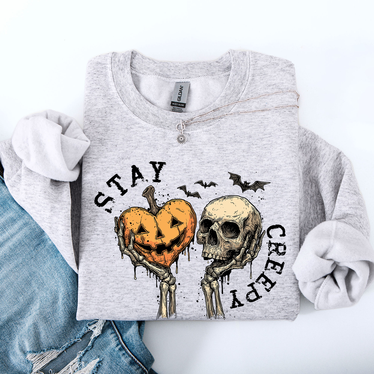 Stay Creepy Halloween Pumpkin Heart Skeleton Cute Bats Spooky Nightfall Gothic Adventure Sweatshirt