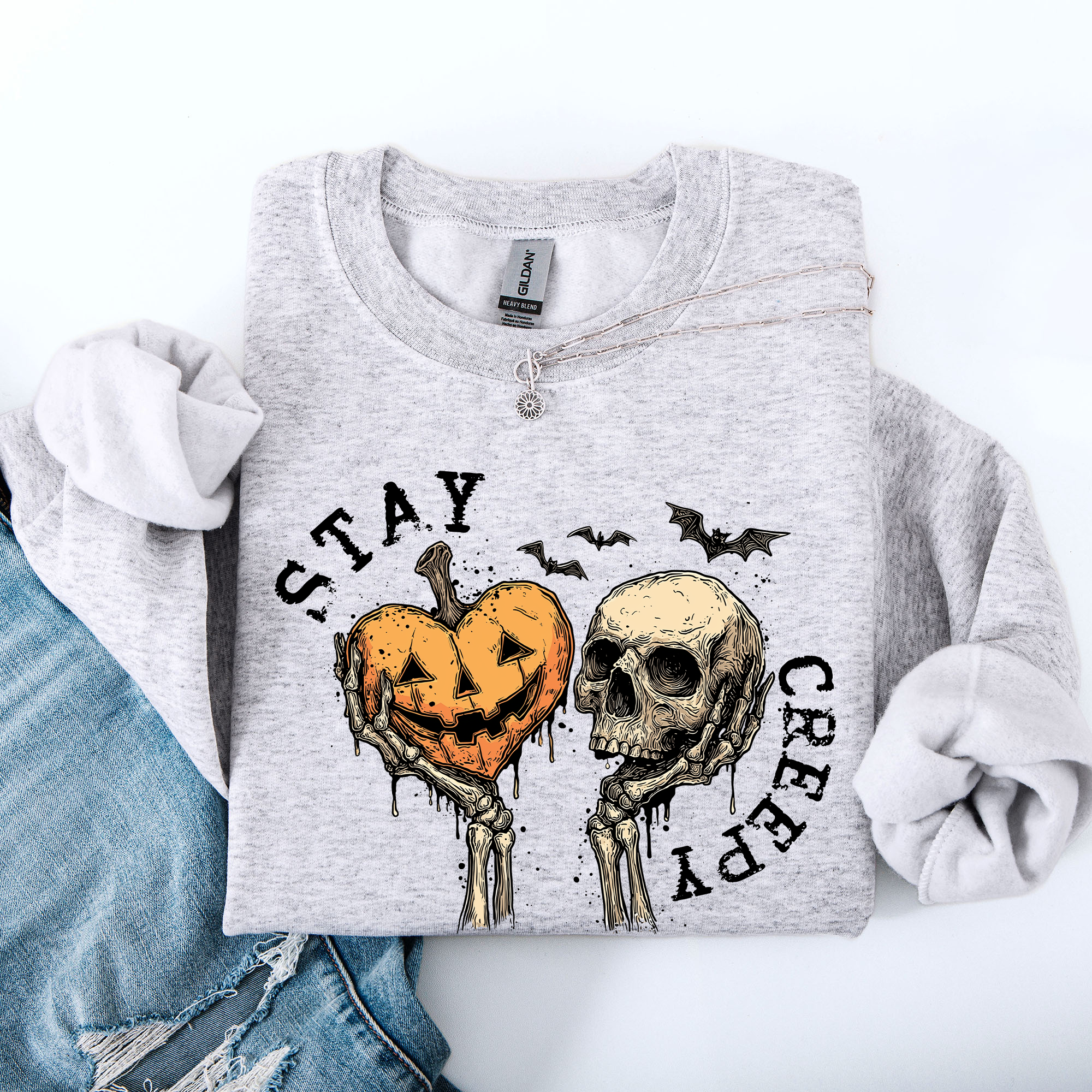 Stay Creepy Halloween Pumpkin Heart Skeleton Cute Bats Spooky Nightfall Gothic Adventure Sweatshirt