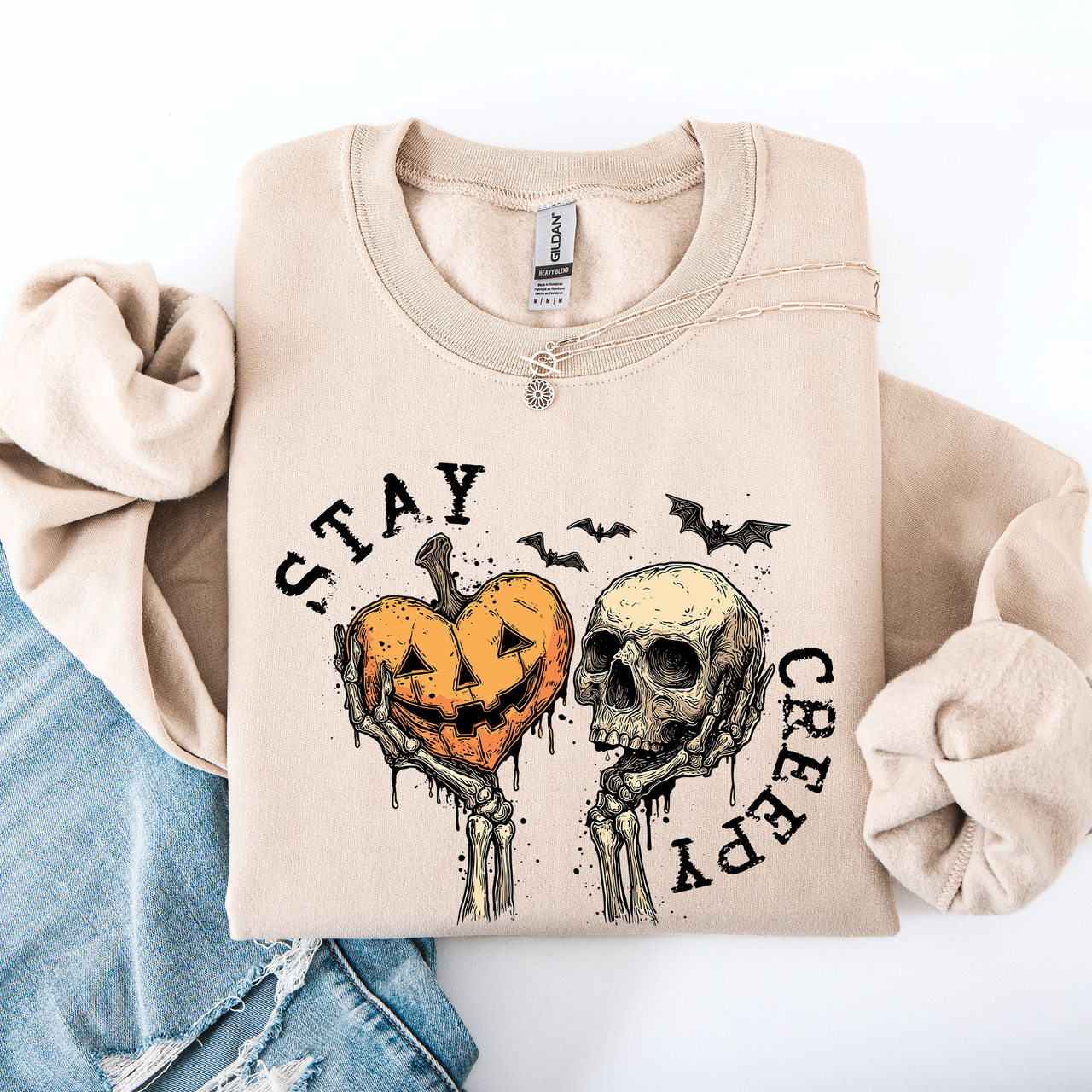 Stay Creepy Halloween Pumpkin Heart Skeleton Cute Bats Spooky Nightfall Gothic Adventure Sweatshirt