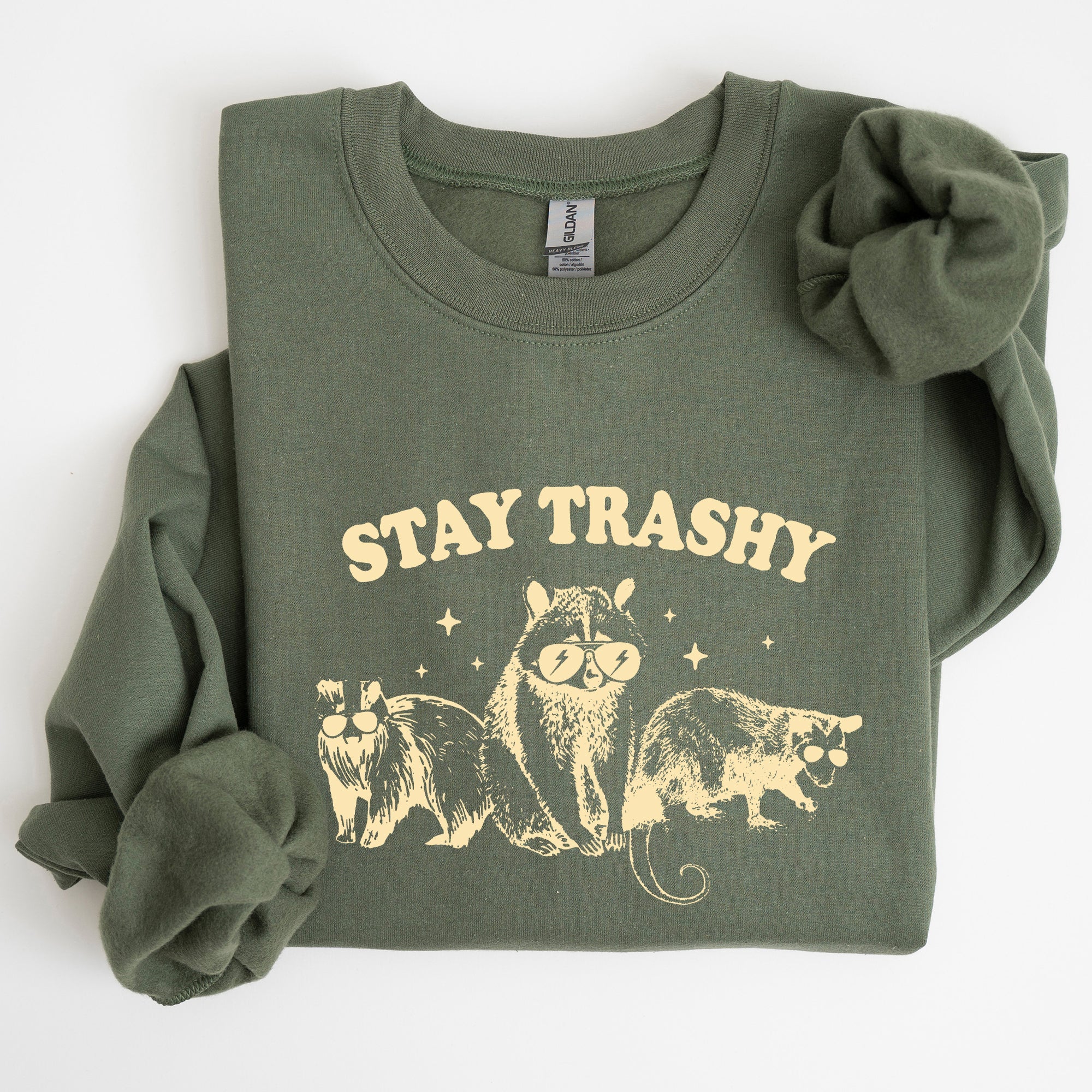 Stay Trashy Raccoon Possum Aesthetic Meme Funny Graphic Illustration Quote Pop Culture Style Sweatshirt
