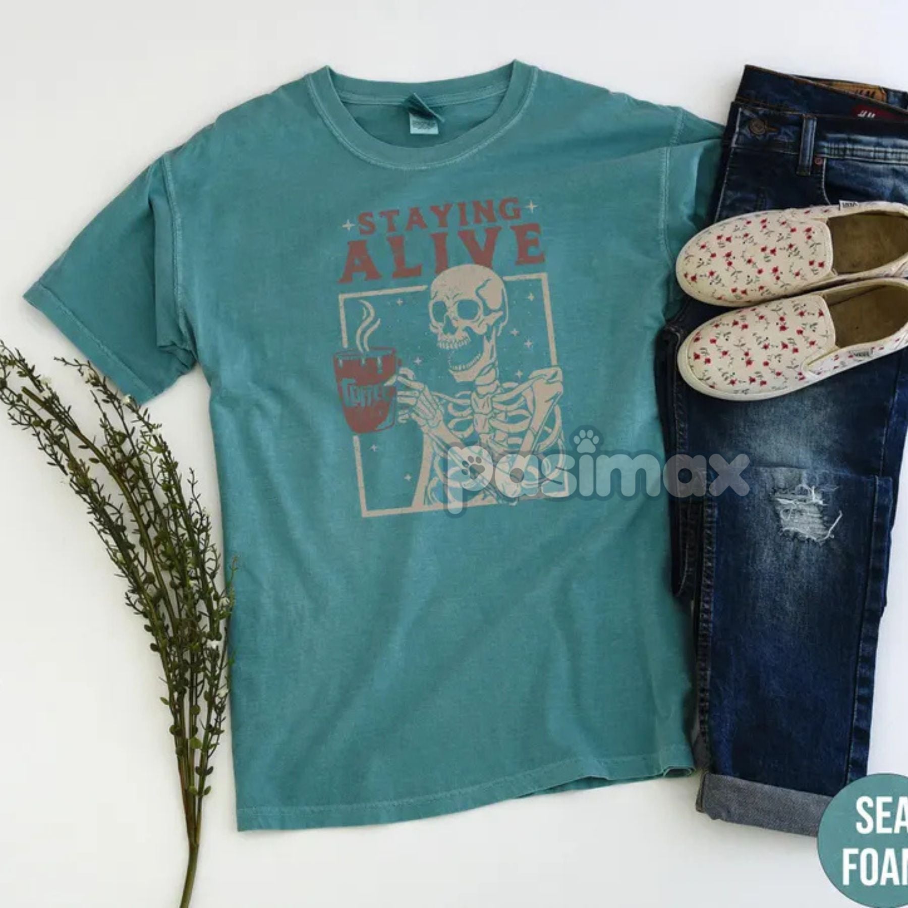 'Staying Alive' Coffee Shirt – Skeleton Retro T-shirt, Funny Coffee Lovers Gift, Daily Grind Tee, Women's Comfort Colors Apparel