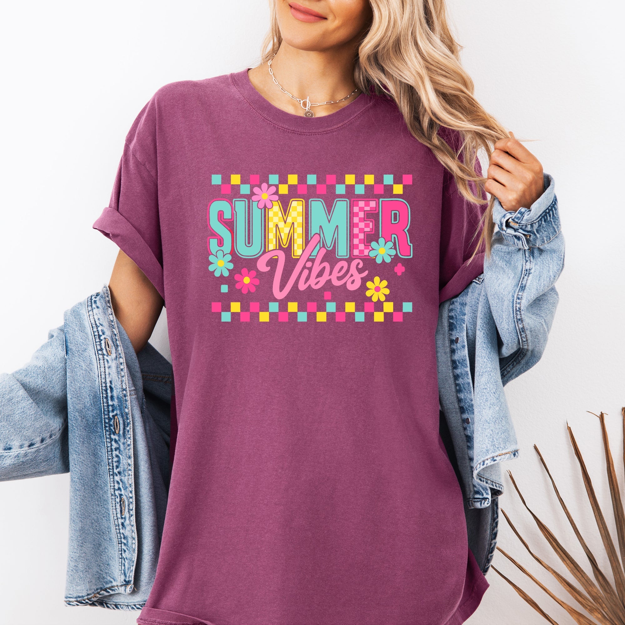 Summer Vibes Checkered Retro Floral Garden Party Collection Edition Comfort Colors Tee