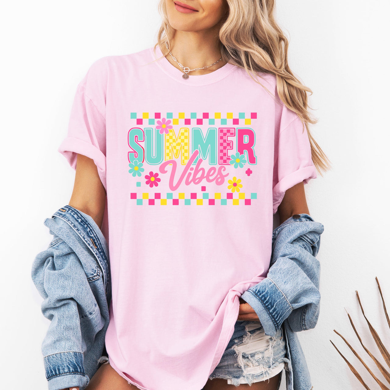 Summer Vibes Checkered Retro Floral Garden Party Collection Edition Comfort Colors Tee