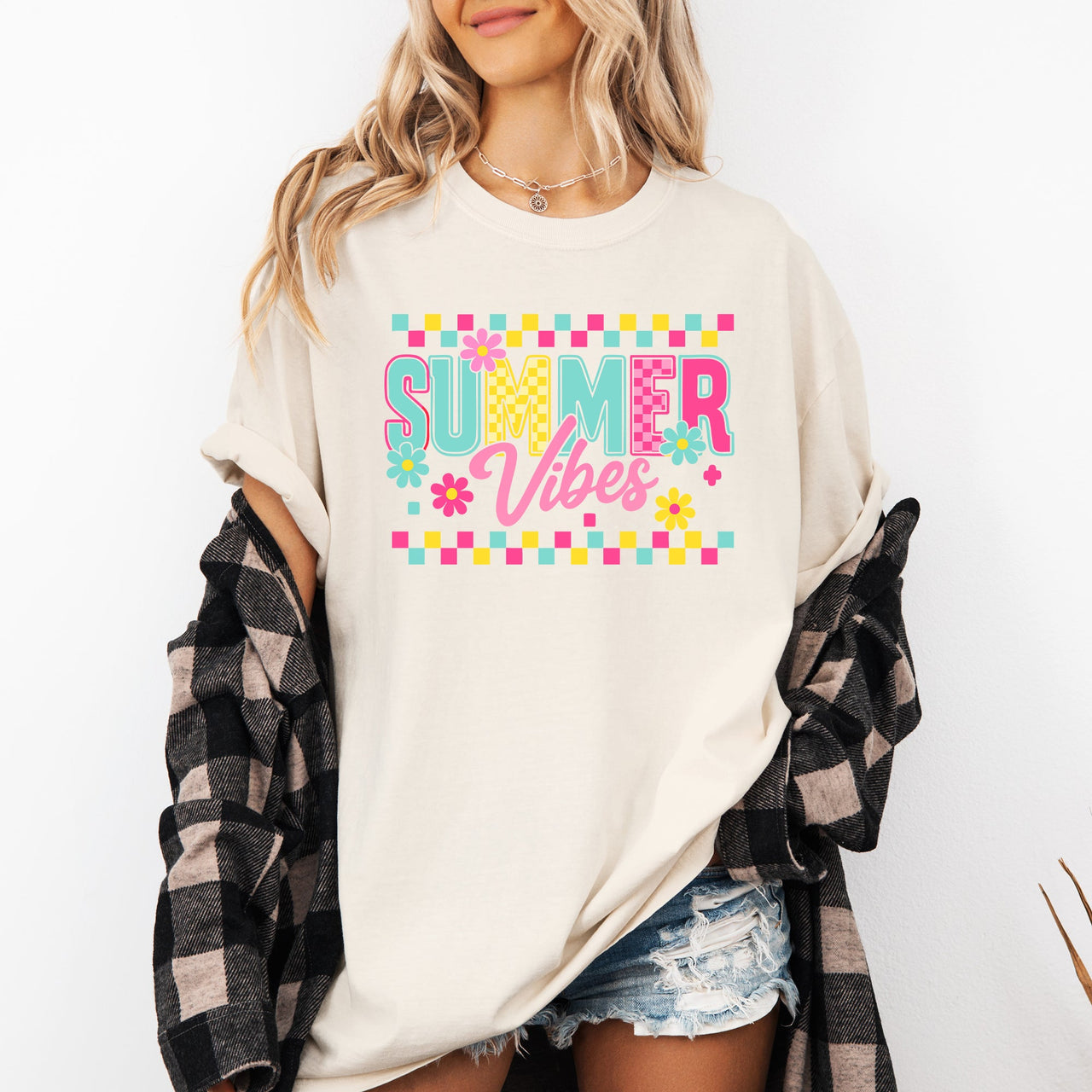 Summer Vibes Checkered Retro Floral Garden Party Collection Edition Comfort Colors Tee