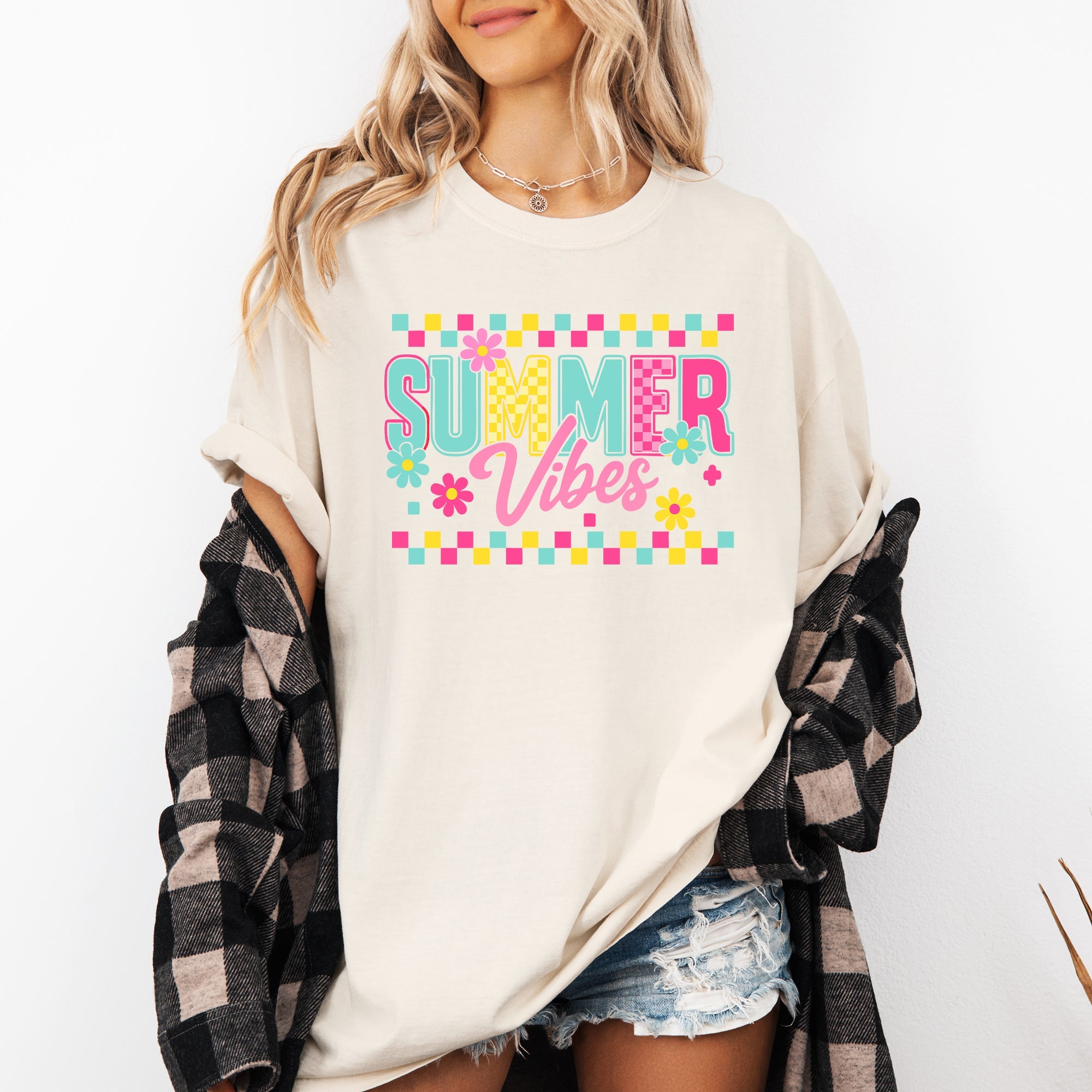 Summer Vibes Checkered Retro Floral Garden Party Collection Edition Comfort Colors Tee