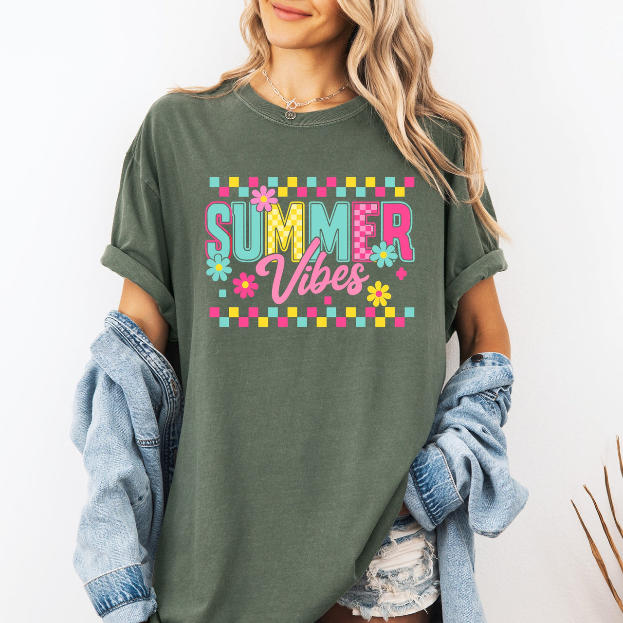 Summer Vibes Checkered Retro Floral Garden Party Collection Edition Comfort Colors Tee