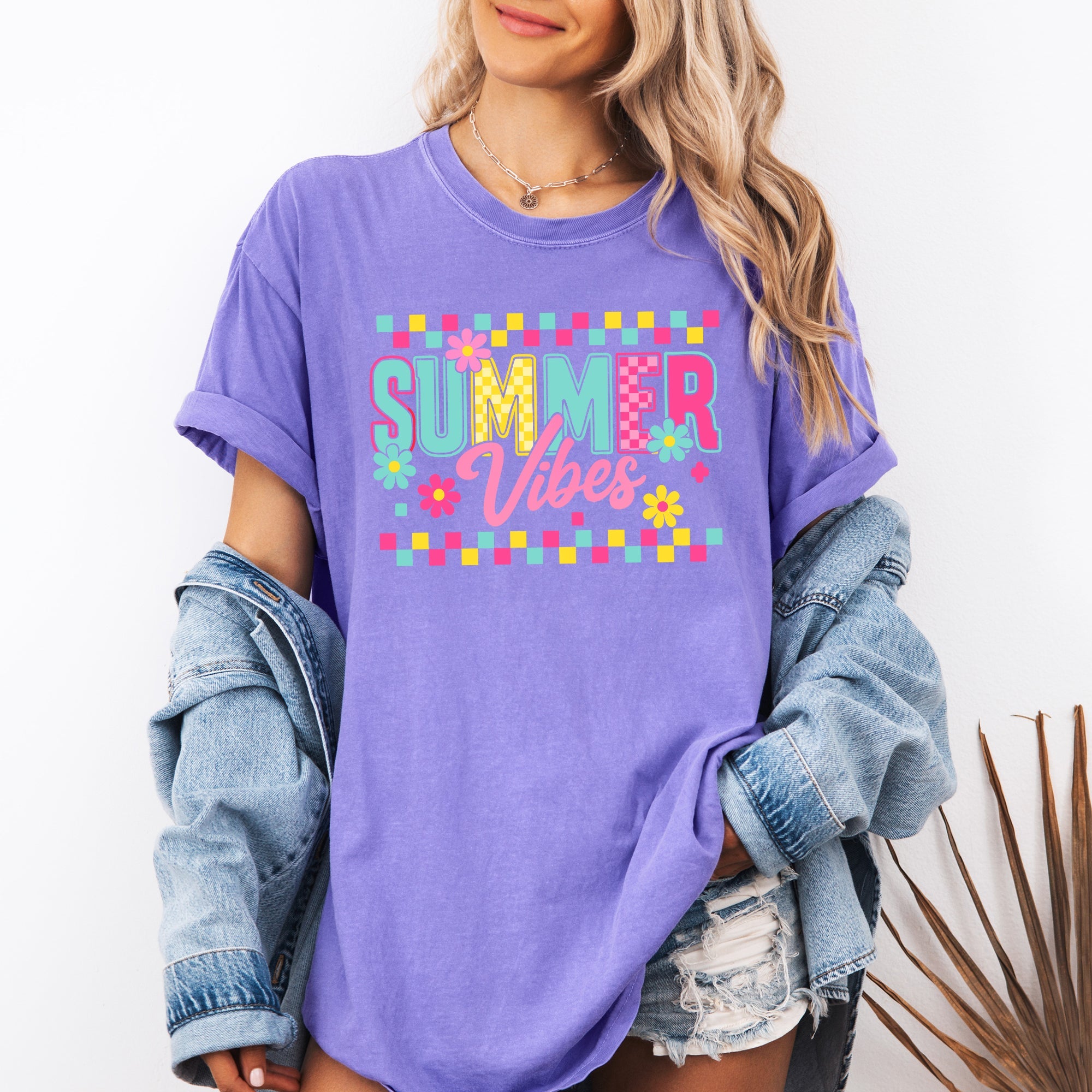 Summer Vibes Checkered Retro Floral Garden Party Collection Edition Comfort Colors Tee