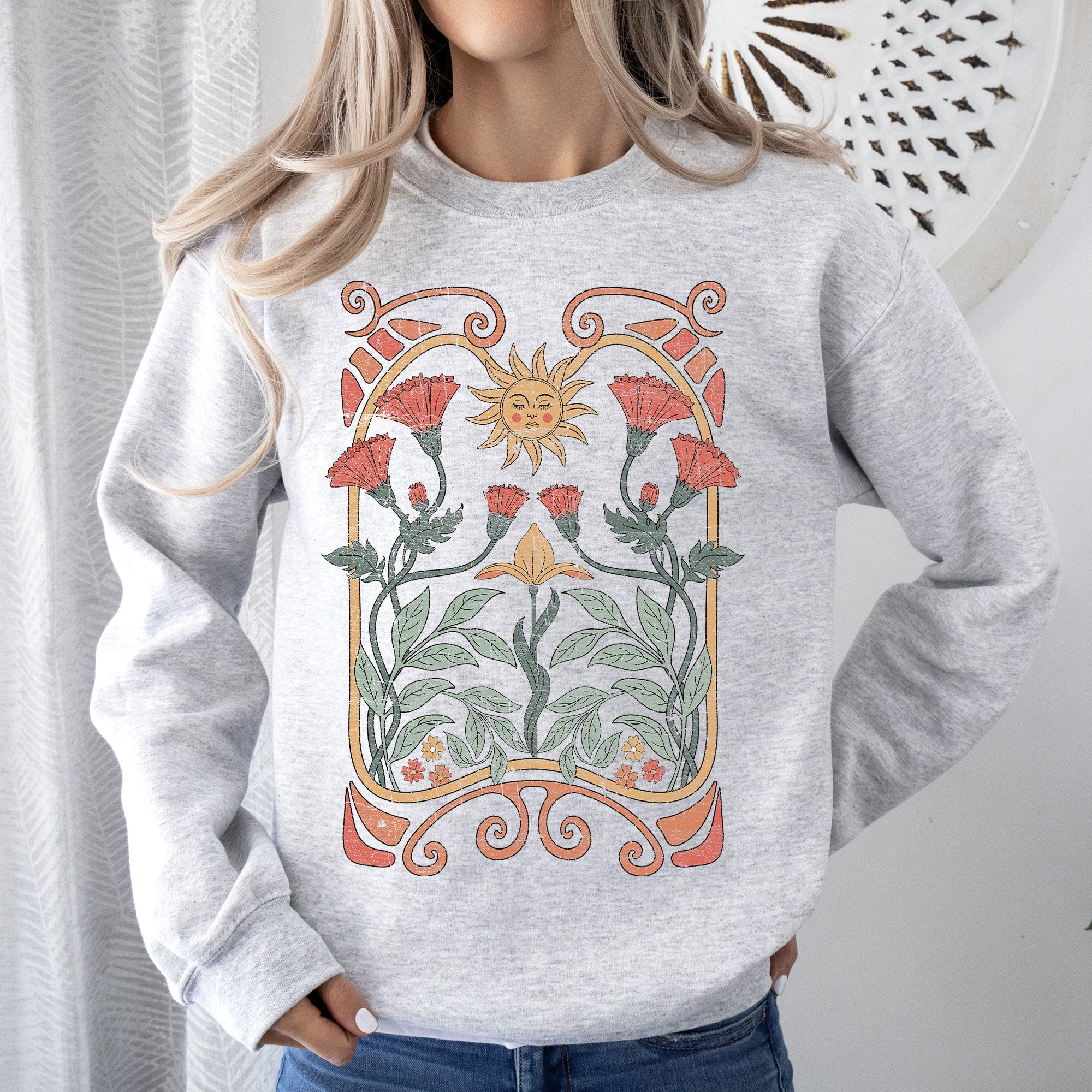 Sun Art Deco Design Celestial Art Nouveau Solar Rays And Stars Motif Modern Sweatshirt