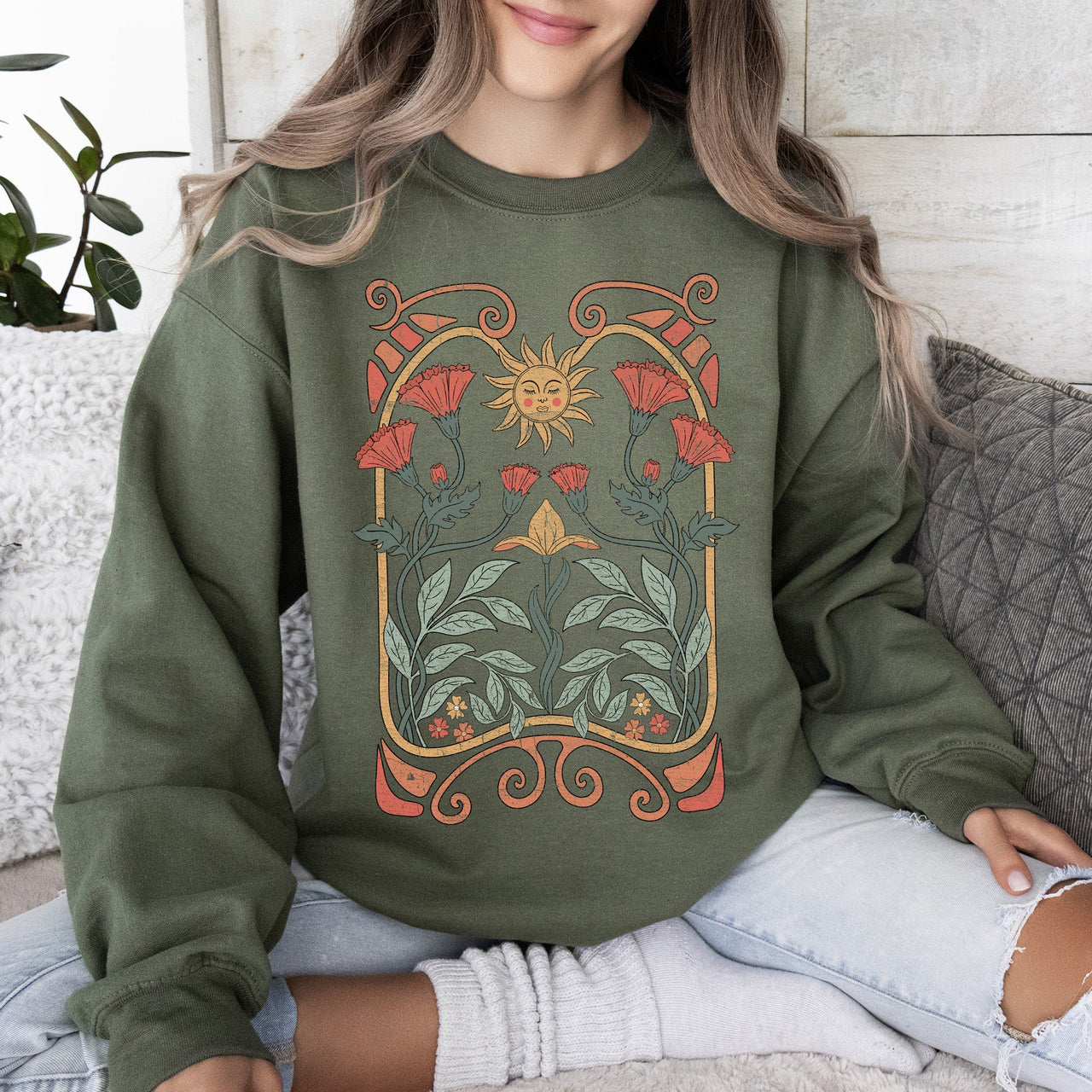 Sun Art Deco Design Celestial Art Nouveau Solar Rays And Stars Motif Modern Sweatshirt