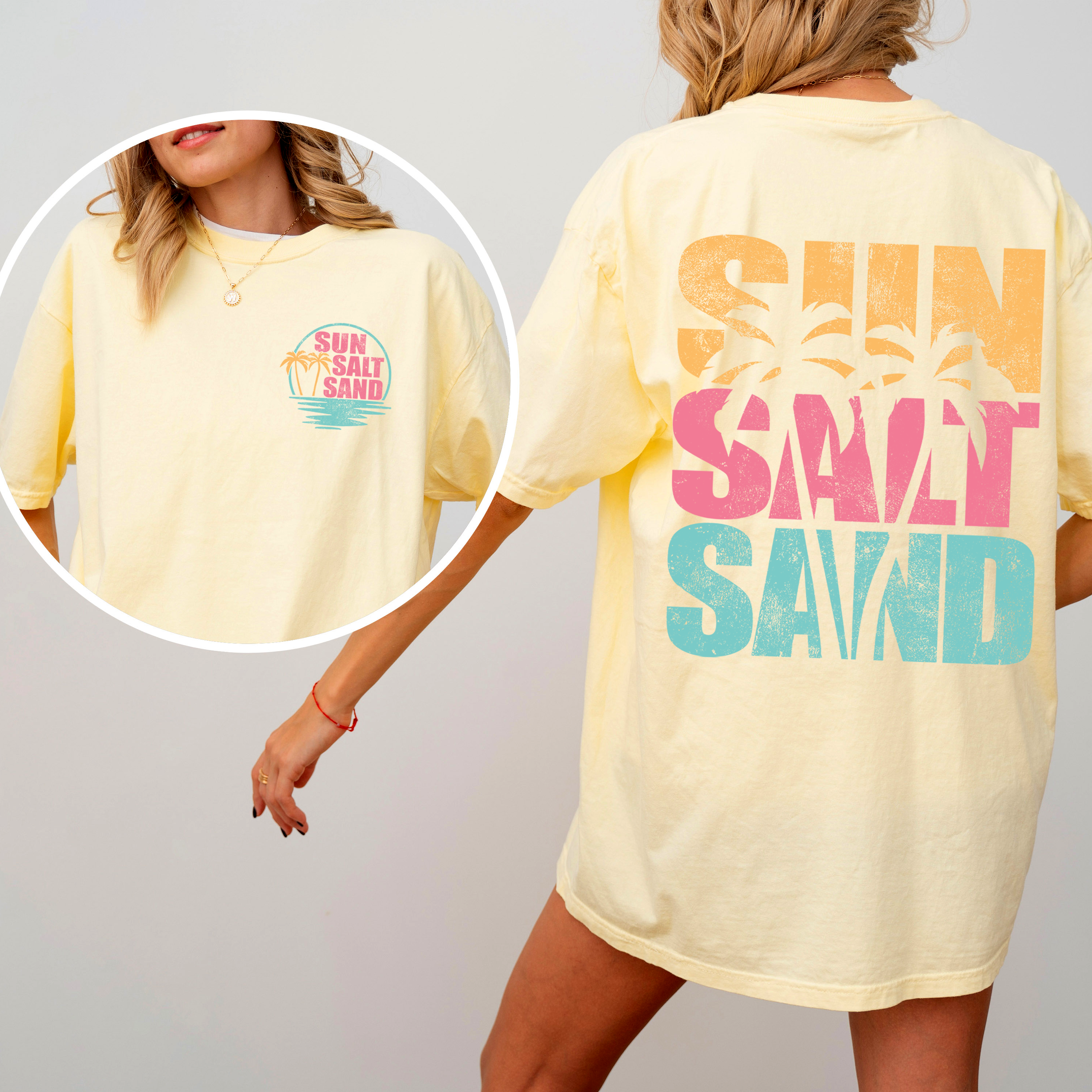 Two Sided Front and Back Sun Salt Sand, Palm Trees, Beach, Summer Comfort Colors Tee