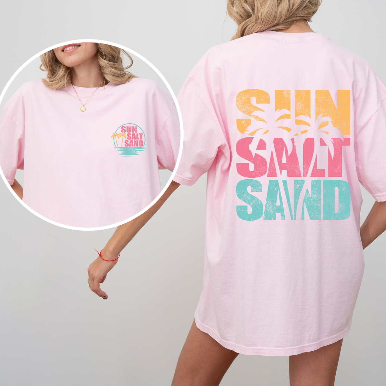 Two Sided Front and Back Sun Salt Sand, Palm Trees, Beach, Summer Comfort Colors Tee