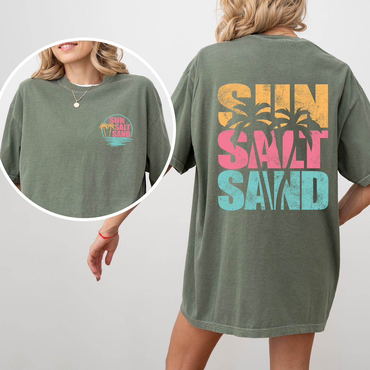 Two Sided Front and Back Sun Salt Sand, Palm Trees, Beach, Summer Comfort Colors Tee