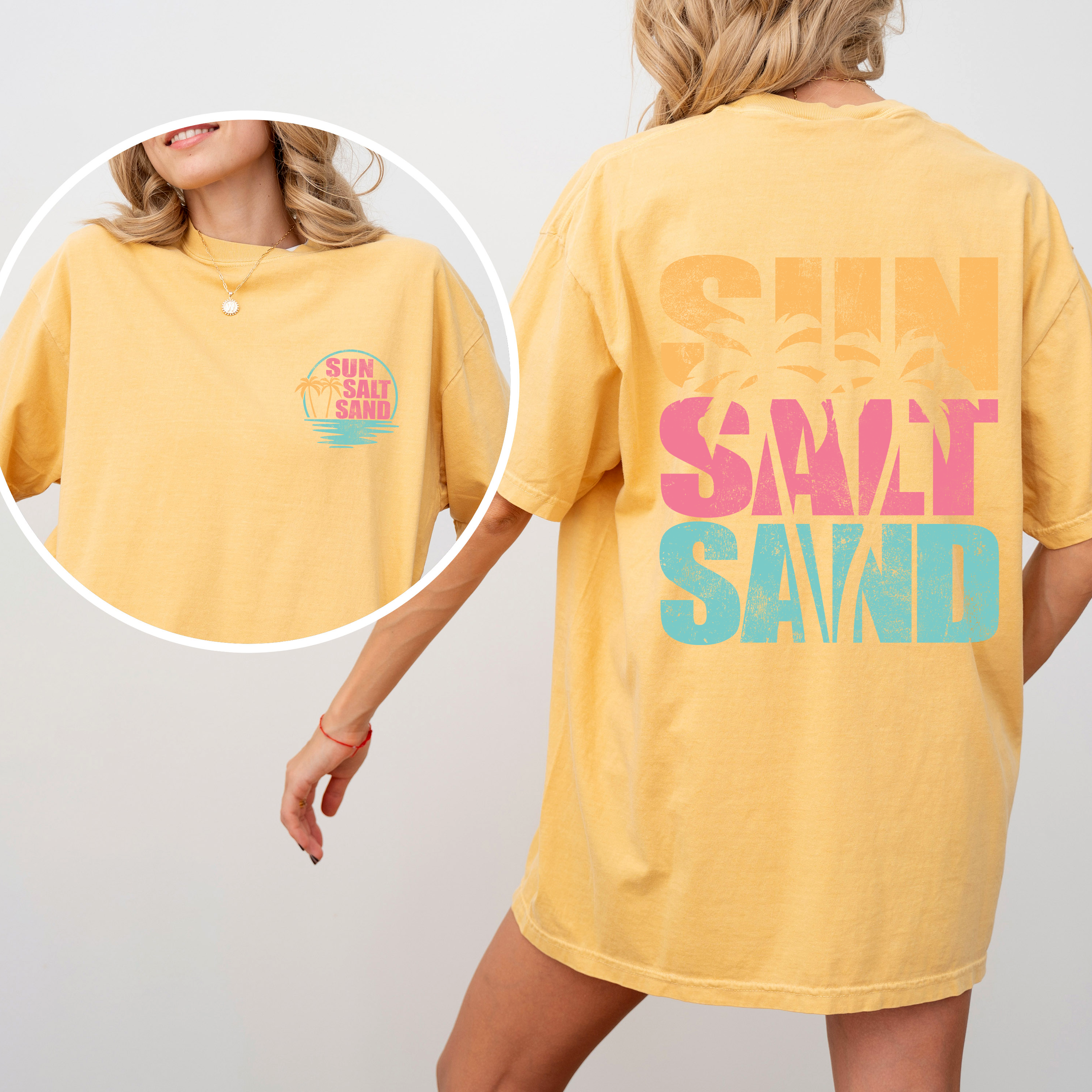 Two Sided Front and Back Sun Salt Sand, Palm Trees, Beach, Summer Comfort Colors Tee