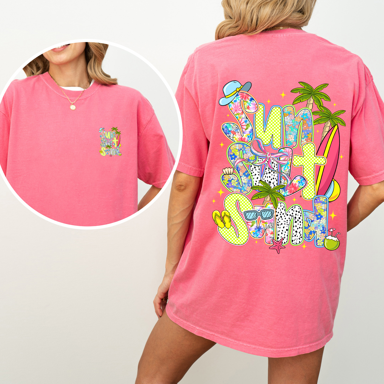 Sun Salt Sand Summer Beach Front and Back Retro Coastal Vibes Comfort Colors Tee