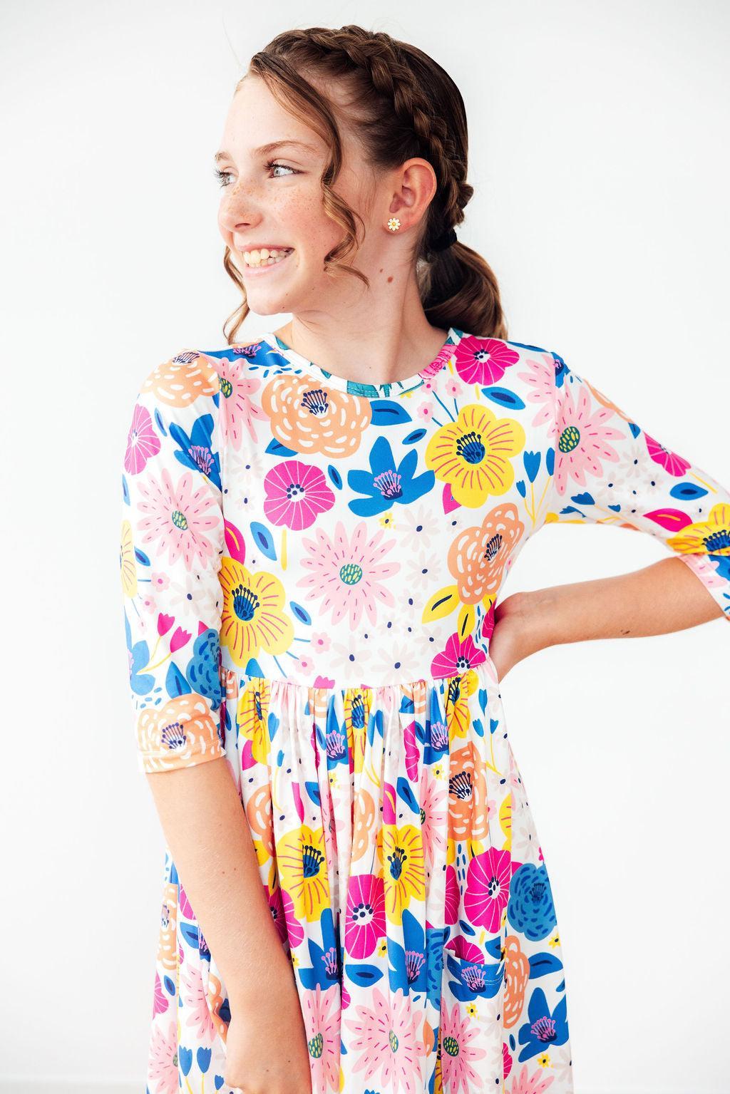SALE Sunshine Floral 3/4 Sleeve Pocket Twirl Dress