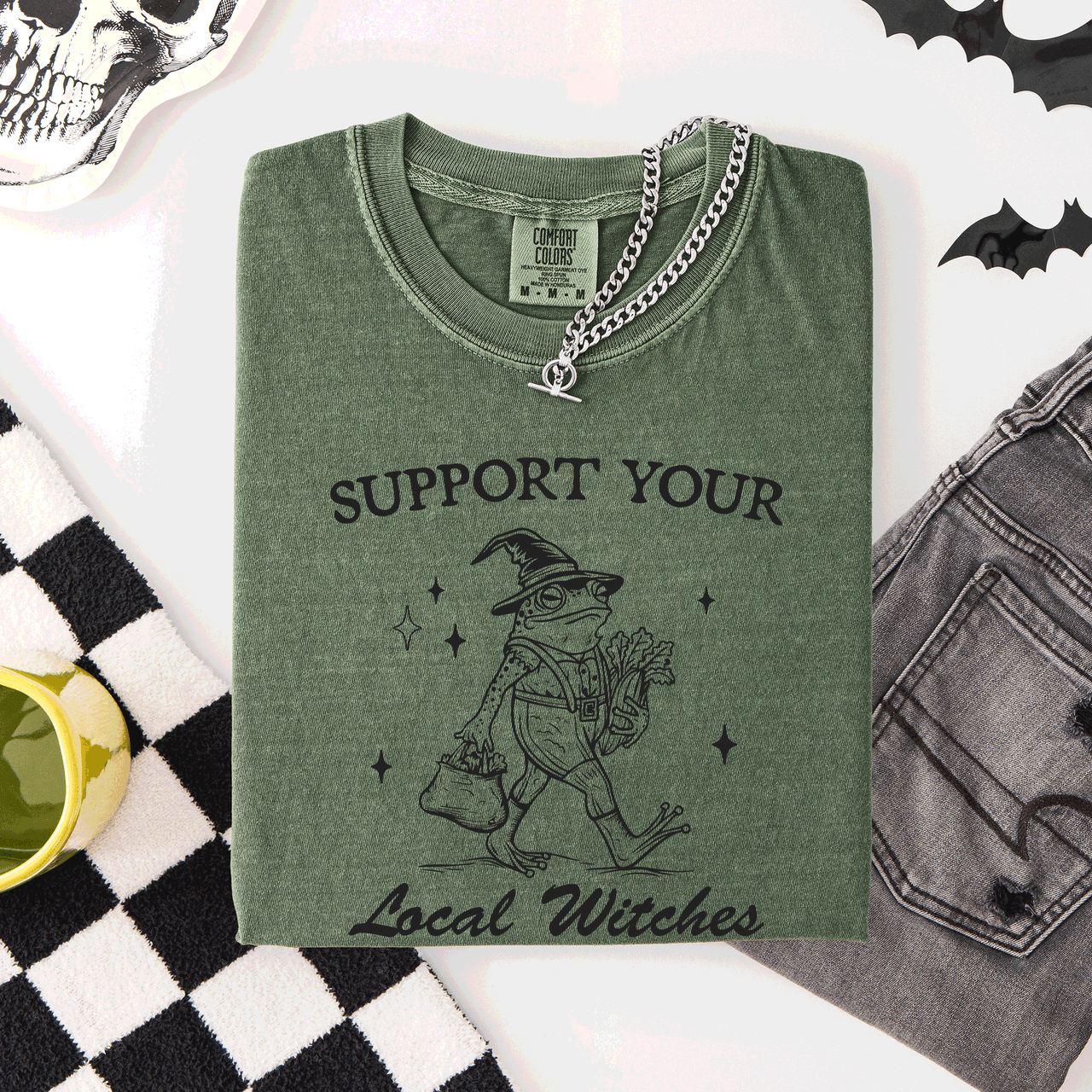 Support Your Local Witches Frog Halloween Witch Spooky Season Graphic Design Edition Comfort Colors Tee